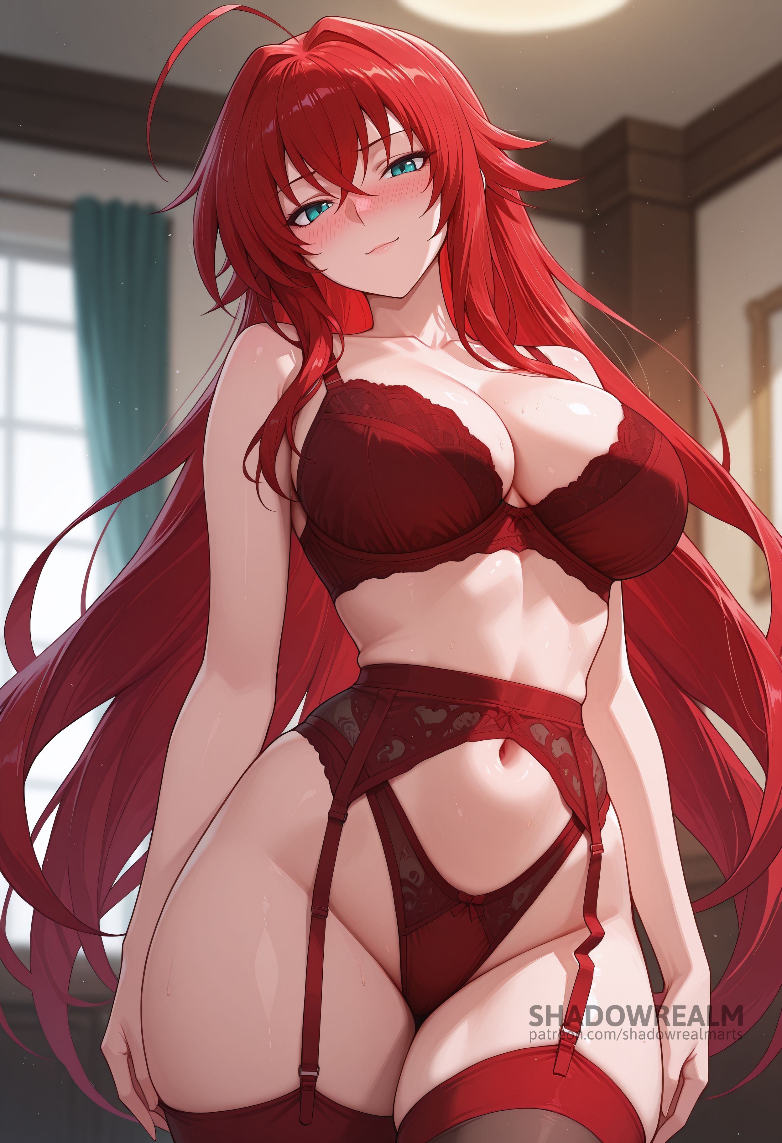 ahoge, ai generated, bare shoulders, black garter belt, blue eyes, blush, bra, breasts, cleavage, closed mouth, collarbone, crossed bangs, curtains, female, female only, garter belt, hair between eyes, high school dxd, highleg, highleg panties, huge ahoge, indoors, large breasts, lingerie, long hair, looking at viewer, navel, panties, red bra, red hair, red panties, red thighhighs, rias gremory, shadowrealmarts, smile, solo, stomach, thighhighs, thighs, uncensored, underwear, underwear only, very long hair, window