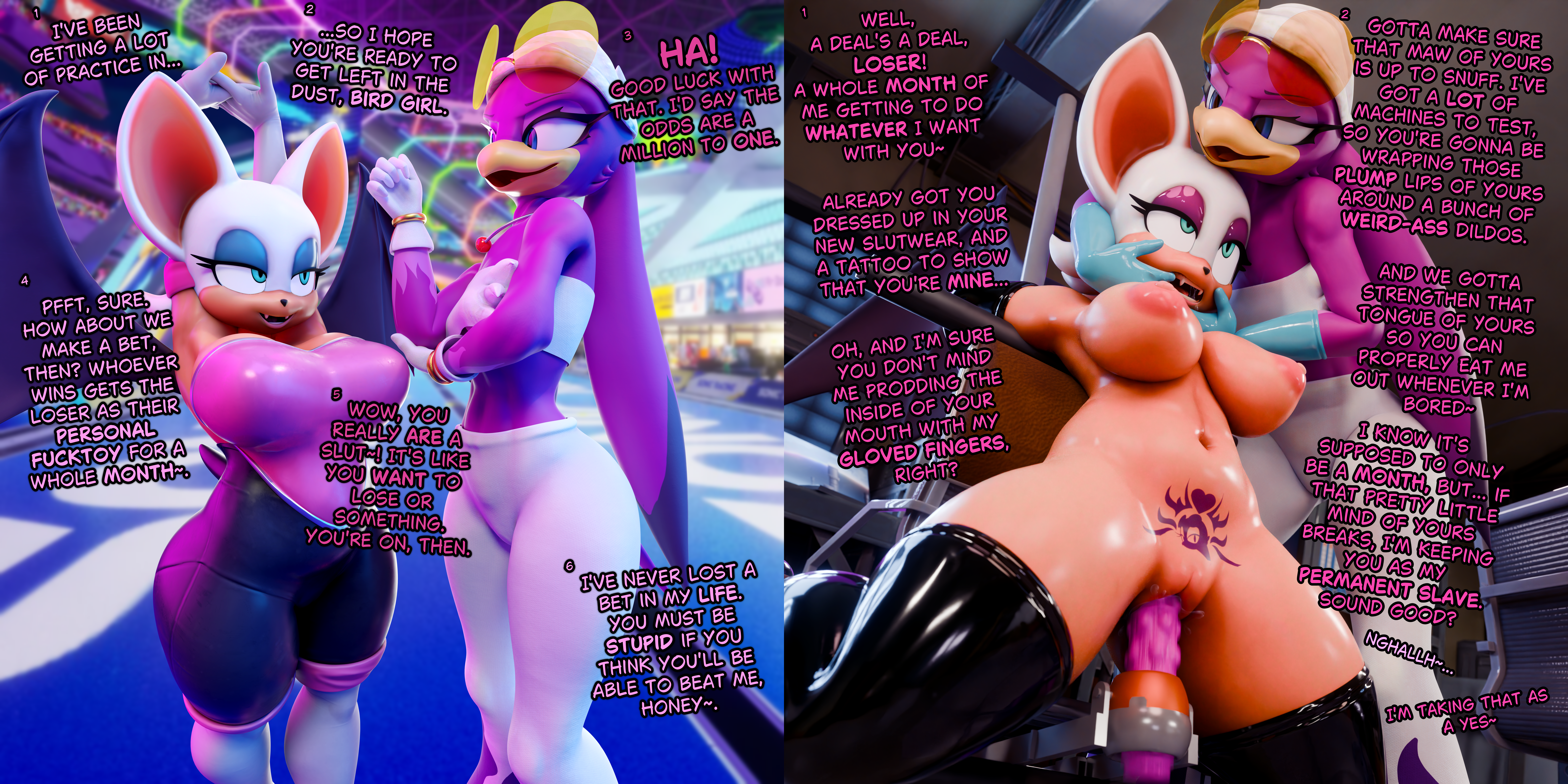 3d, 3d (artwork), absurd res, anthro, armwear, avian, bat, big breasts, bird, blue eyes, bodily fluids, bondage, bottomwear, bound, bra, breasts, clothed, clothed/nude, clothing, dialogue, digital media (artwork), dildo, drooling, duo, elbow gloves, eye roll, eyeshadow, eyewear, fangs, female, female/female, finger in mouth, fucking machine, genitals, glasses, gloves, handwear, hi res, high heel boots, hirundinid, huge filesize, instant loss 2koma, latex, latex clothing, latex gloves, latex handwear, latex legwear, latex stockings, latex thigh highs, legwear, machine, makeup, mammal, naked, navel, nude, oscine, pants, passerine, penetration, pubic tattoo, rouge the bat, saliva, sega, seriuswolf (modeler), sex machine, sex toy, slicktex3d, sonic (series), sonic racing crossworlds, sonic riders, sonic the hedgehog (series), stockings, stretching, swallow (bird), tattoo, teasing, teeth, text, thigh highs, topwear, tube top, underwear, vaginal penetration, valorlynz (modeler), vulva, wave the swallow, white clothing, white gloves, white handwear, white high heels boots, white topwear, white tube top, wings