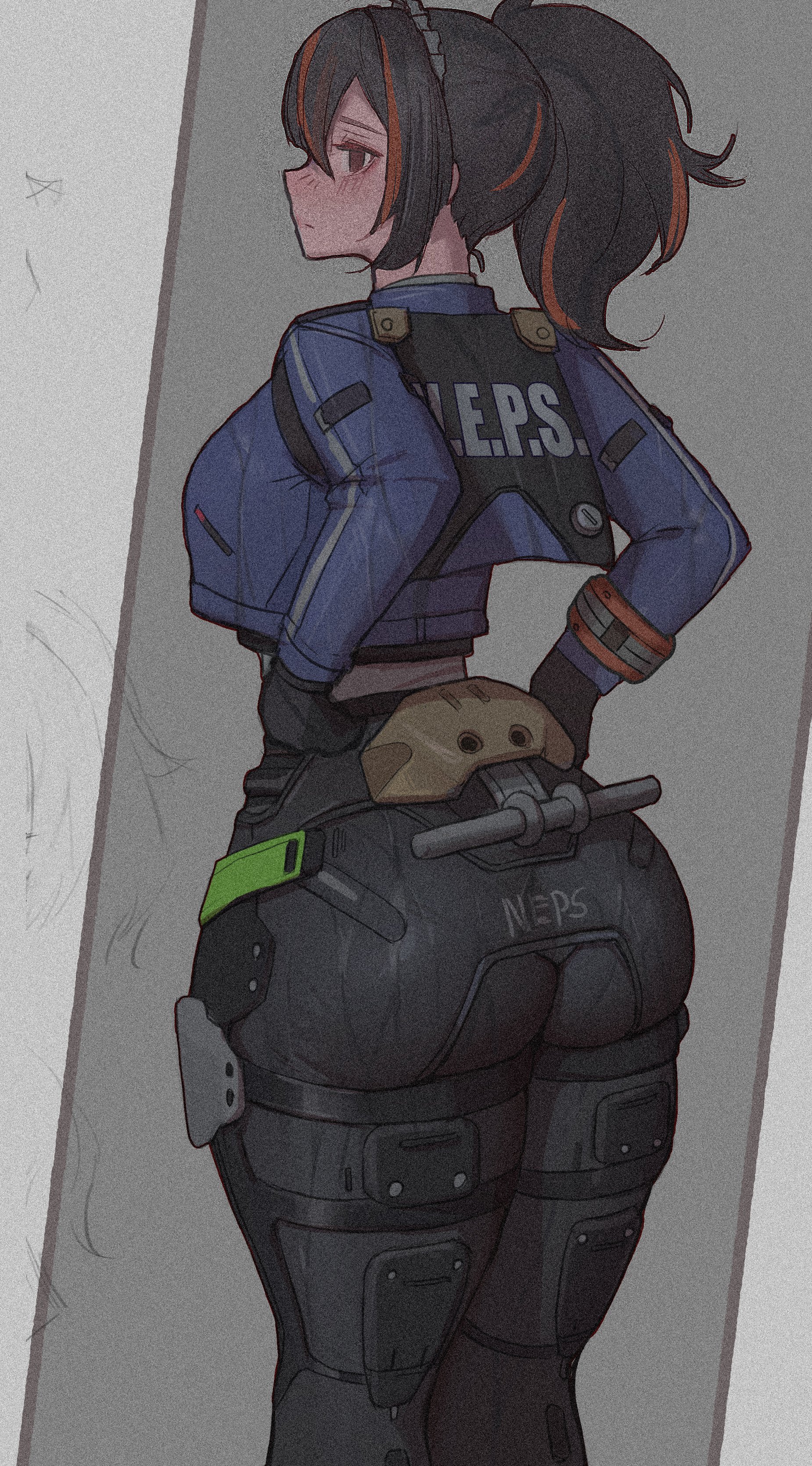1girls, ass, ass focus, big breasts, black hair, black legwear, black pants, blue jacket, blush, brown eyes, clothing, clozzy01, curvy female, curvy hips, female, film grain, from behind, grey background, high-waist pants, highres, jacket, legs together, long hair, lower body, pants, solo, straining clothing, thick thighs, thighs, tight clothes, tight clothing, tight pants, tomboy, wide hipped female, wide hips, zenless zone zero, zhu yuan