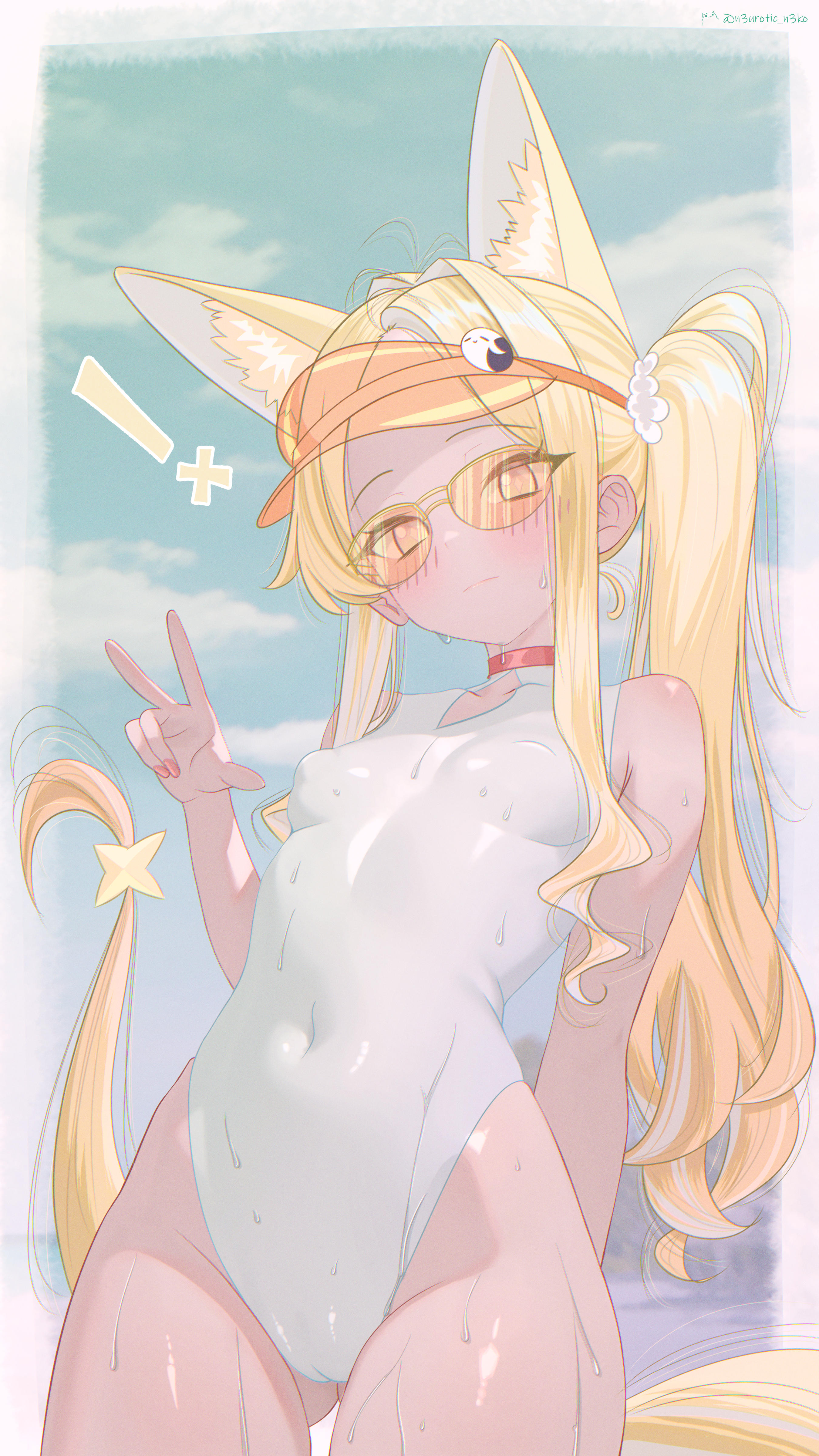 1girl, 1girls, animal ears, blonde hair, blue archive, blush, breasts, cameltoe, covered navel, covered nipples, female, fox ears, fox tail, long hair, looking at viewer, neurotic neko, one-piece swimsuit, seia (blue archive), seia (swimsuit) (blue archive), small breasts, solo, swimsuit, tail, v, visor cap