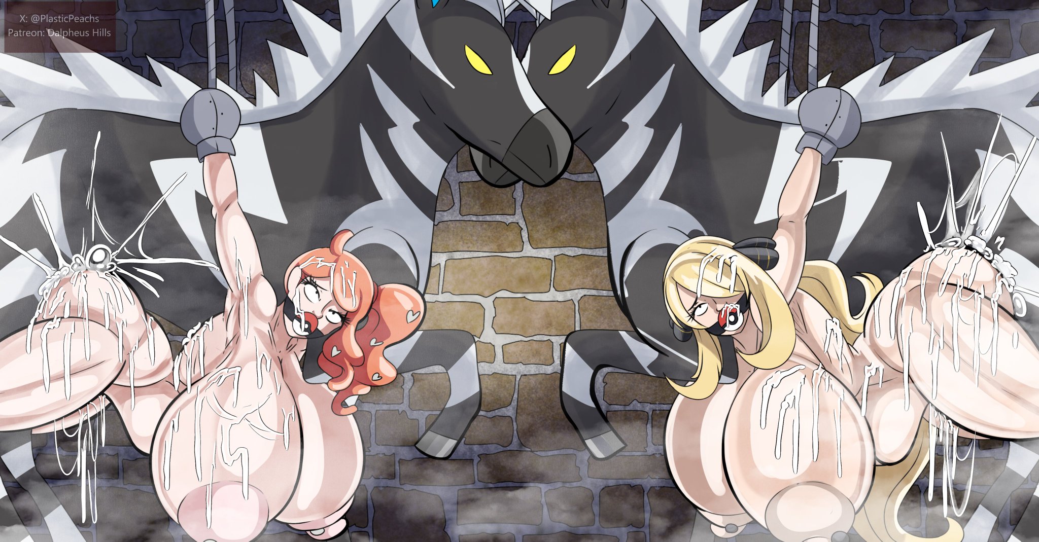 2girls, big ass, big breasts, big penis, breasts, breasts bigger than head, cum, cum everywhere, cum on ass, cum on body, cum on breasts, cum on face, cum on hair, cynthia (pokemon), dalpheushills, excessive cum, female, female focus, feral, feral on female, feral on human, feral penetrating, huge ass, huge breasts, huge cock, maledom, pierced nipples, pokemon, pokemon (species), pokephilia, restrained, sonia (pokemon), stomach bulge, zebstrika