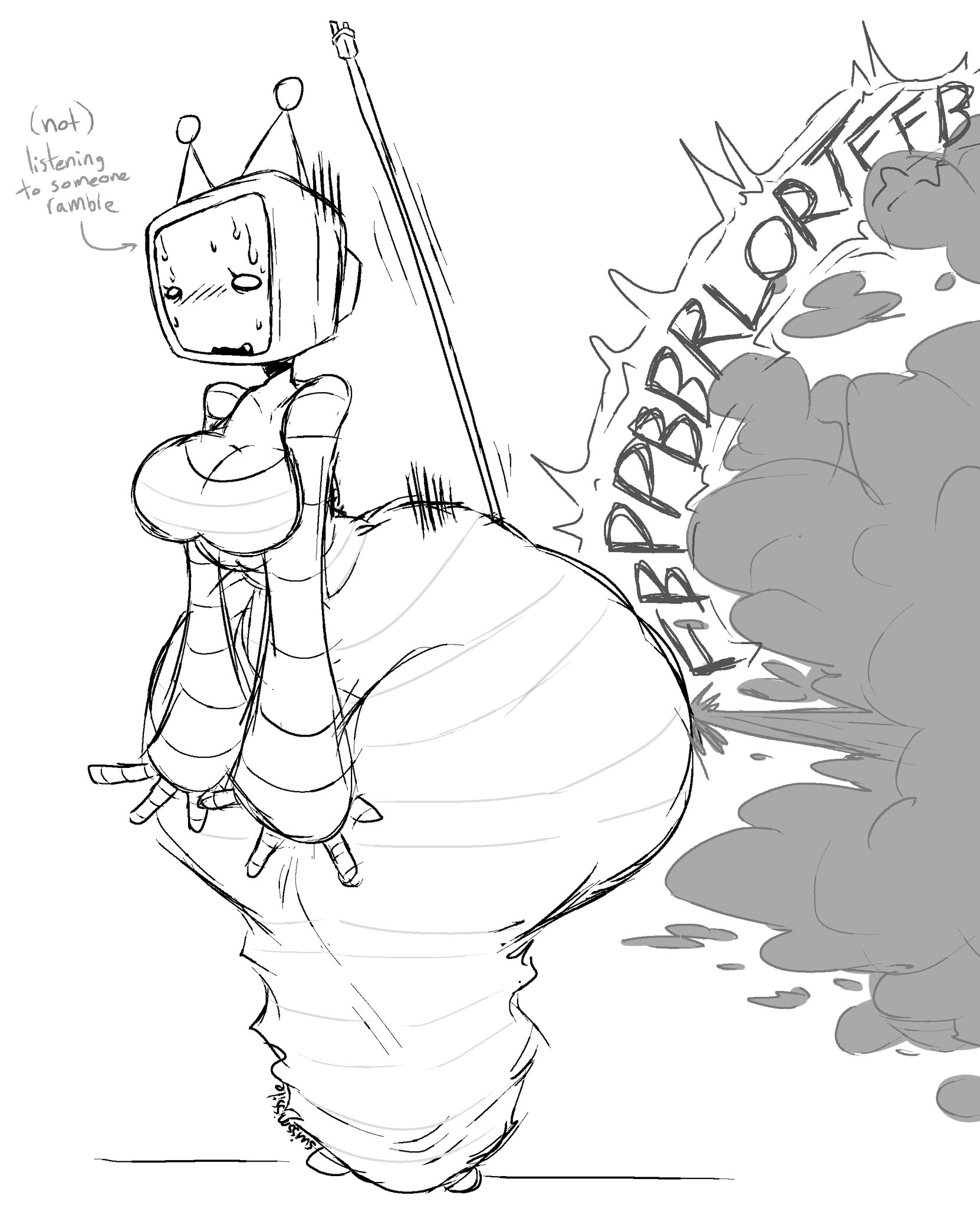 1girls, 1robot, 1robot furry, ass bigger than head, ass bigger than torso, big ass, big breasts, big hips, big thighs, black fart, clothed, clothed female, dumptruck ass, dumptruck butt, embarrassed, embarrassed female, english text, fart, fart fetish, farting, female, gassy, gassy ass, gigantic ass, hips, hips wider than shoulders, huge ass, huge fart, huge thighs, hyper ass, hyper thighs, large ass, monochrome, oc, original character, robot, robot anthro, sweat, sweatdrop, sweating, thick, thick hips, thick thighs, thighs, thighs bigger than head, tiki sep, tv head, tv head robot
