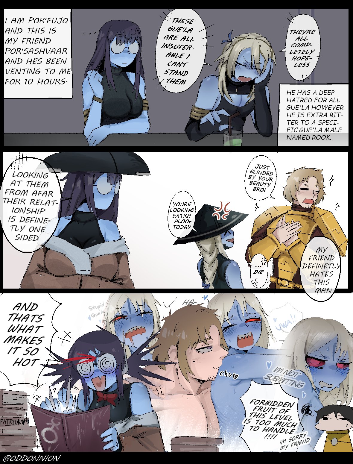 1girls, 2boys, alien, blue skin, femboy, fujoshi, glasses, human, human male, interspecies, male, nosebleed, odd onion, tau, warhammer (franchise), warhammer 40k, white hair, yaoi
