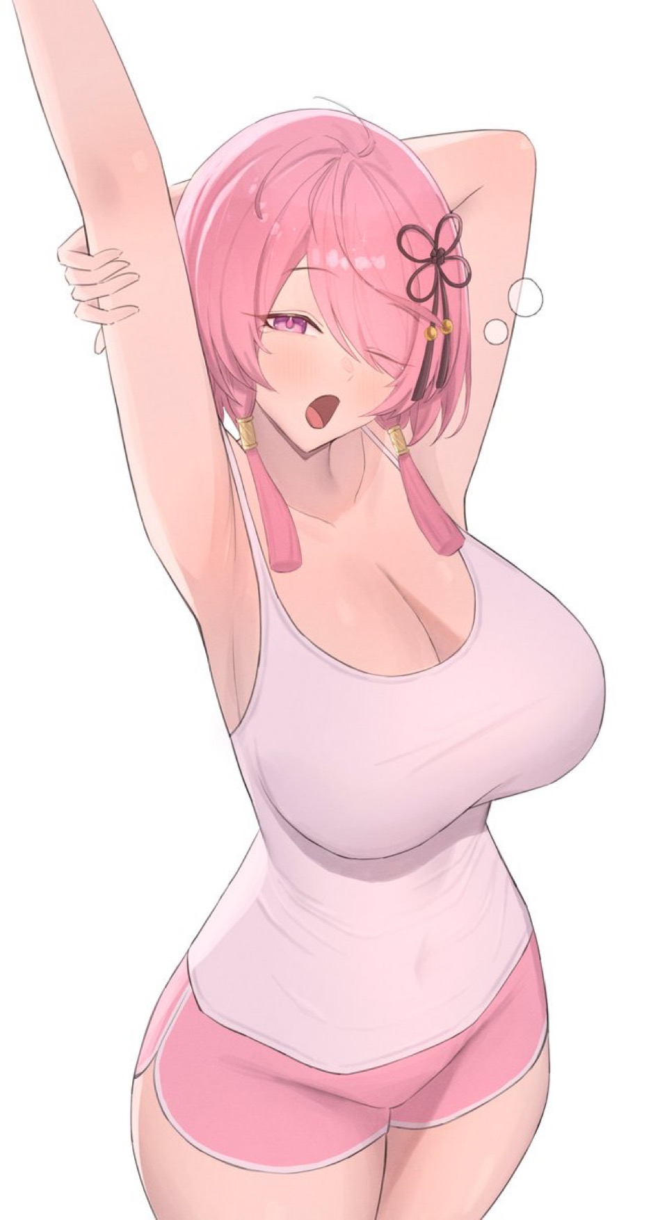 big breasts, breasts, cleavage, large breasts, looking at viewer, pink eyes, pink hair, stretching, tagme, taoqi (wuthering waves), tired, turnipdish, wuthering waves, yawn, yawning