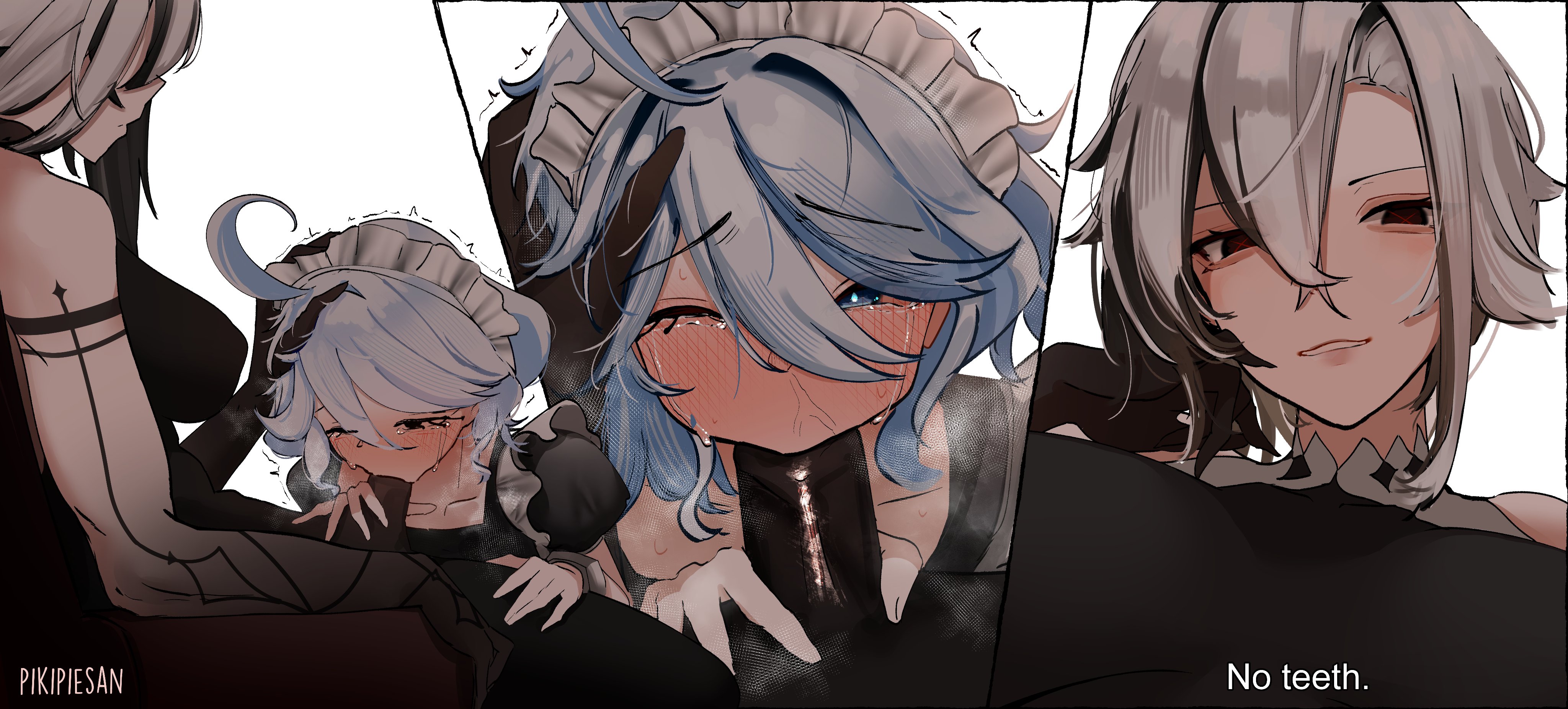 1futa, 1girls, 2026, 2d, 2d (artwork), 2d artwork, ahoge, arlecchino (genshin impact), artist name, ashenmash, bangs, bare shoulders, big breasts, black hair, black nose, blowjob, blue eyes, blue hair, blush, blush lines, blushing, breasts, caressing, caressing head, cock, collarbone, cowlick, cross-shaped pupils, crying, crying with eyes open, dialogue, dick, dickgirl, dominant, dominant futa, domination, dubious consent, duo, elbow gloves, english, english dialogue, english text, erect penis, erection, fellatio, female, female penetrated, forced, forced oral, furina (genshin impact), futa on female, futa with female, futadom, futanari, genshin impact, gloves, grabbing, hair between eyes, head grab, hi res, highres, hoyoverse, intersex, intersex/female, long gloves, maid, maid headdress, maid outfit, maid uniform, mihoyo, motion lines, nipple bulge, nipples, one eye closed, oral, oral insertion, oral penetration, oral sex, parted bangs, penis, questionable consent, rape, red eyes, sex, short hair, steam, steaming body, straight hair, sucking, sucking penis, tear, tearing up, tears, text, watermark, white hair, x-shaped pupils