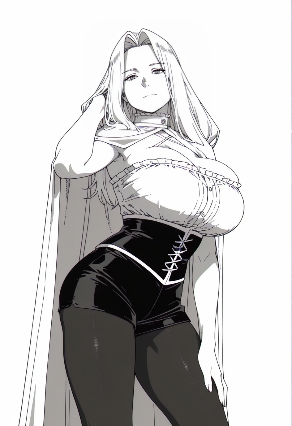 1girls, ai generated, breasts, clothed, clothed female, clothing, female, female focus, female only, female solo, huge breasts, long hair, methode (sousou no frieren), monochrome, simple background, smile, solo, solo female, solo focus, sousou no frieren, white background