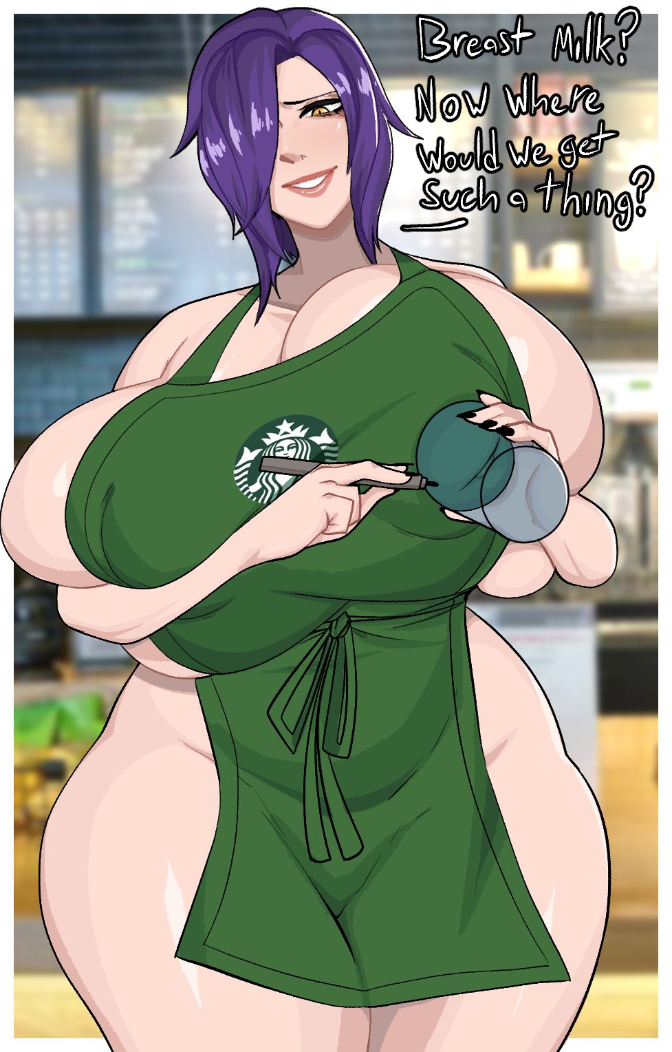 apron cup dialogue english_text female female_focus gigantic_breasts hair_over_one_eye human iced_latte_with_breast_milk lady_m_(strongmoist) light-skinned_female light_skin mature_female meme naked naked_apron nipple_bulge one_eye_covered original_character overweight overweight_female purple_hair short_hair starbucks strongmoist thick_thighs voluptuous wide_hips yellow_eyes