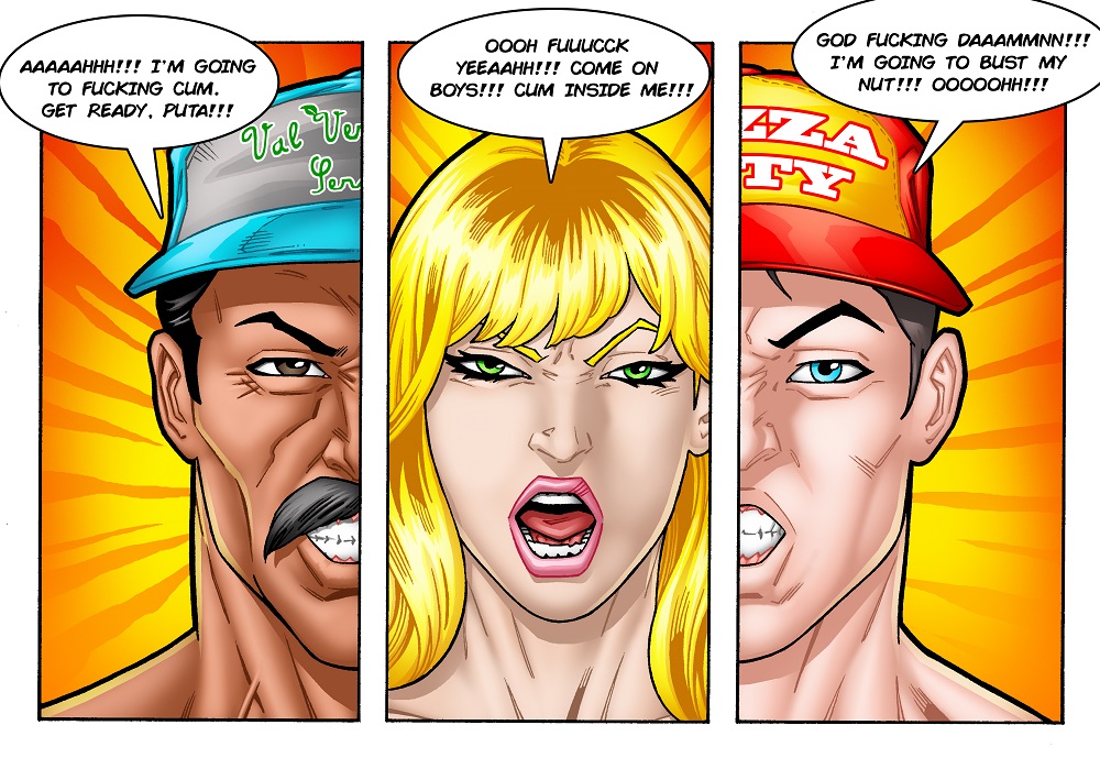 baseball_cap black_hair blonde_hair blue_eyes brown_eyes brown_hair candy_sommerset clenched_teeth dirty_talk female gardener green_eyes leandro_comics moustache naked narrowed_eyes original_character original_characters pizza_boy screaming