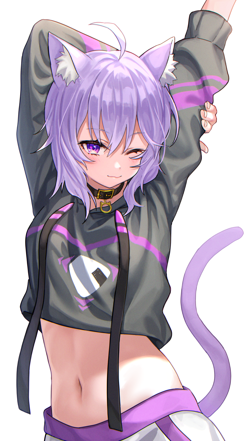 ;3 ahoge animal_ear_fluff animal_ears arm_behind_head bangs black_collar black_jacket cat_tail catgirl collar deca_purio eyebrows_visible_through_hair female high_resolution hololive hololive_gamers hololive_japan jacket kemonomimi long_sleeves looking_at_viewer midriff navel nekomata_okayu nekomimi okayu_ch. one_arm_up one_eye_closed purple_hair short_hair simple_background solo tail virtual_youtuber white_background wink