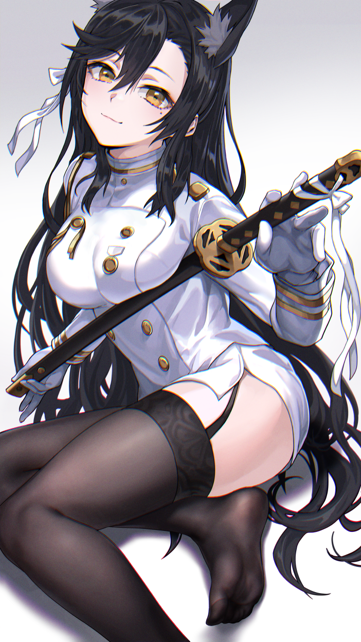 1girls aiguillette animal_ear_fluff animal_ears atago_(azur_lane) azur_lane bangs black_hair black_legwear black_thighhighs blush breasts buttons closed_mouth clothing deca_purio double-breasted eyebrows_visible_through_hair eyelashes feet female female_only foot_out_of_frame garter_straps gloves gradient gradient_background hair_between_eyes hair_ornament hair_ribbon hand_up high_resolution holding holding_scabbard holding_sword holding_weapon inumimi jacket katana large_breasts lingerie long_hair long_sleeves looking_at_viewer military military_uniform miniskirt mole mole_under_eye no_shoes ribbon scabbard sheathed sidelocks simple_background sitting skirt smile soles solo swept_bangs sword thighhighs uniform very_long_hair weapon white_background white_gloves white_jacket white_ribbon white_skirt yellow_eyes