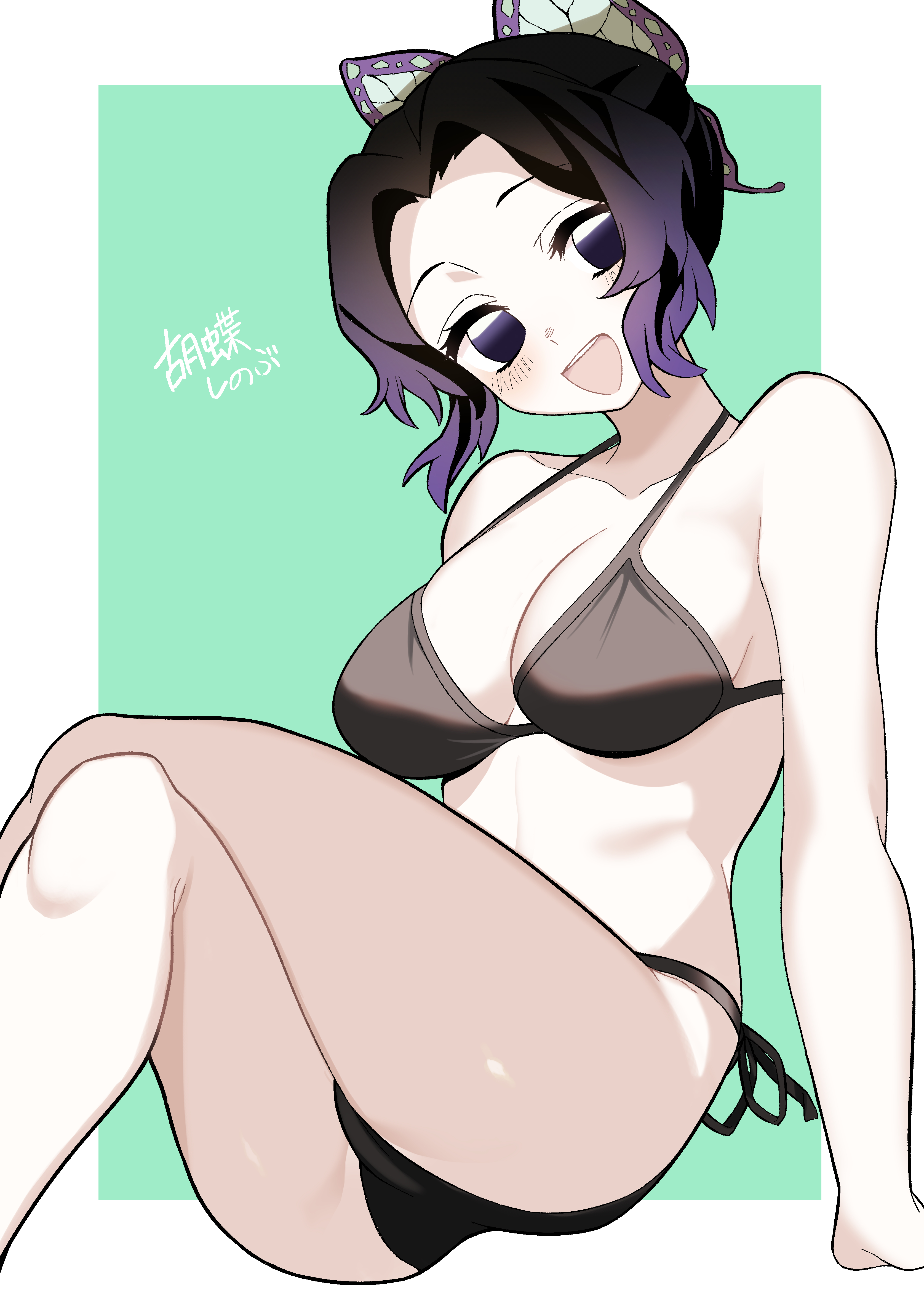 1girls, big breasts, bikini, black bikini, black hair, blush, breasts, butterfly hair ornament, cleavage, crossed legs, demon slayer, female, female only, green background, kimetsu no yaiba, kochou shinobu, looking at viewer, open mouth, purple eyes, purple hair, purple-haired female, sitting, smile, solo, swimsuit, two-tone hair