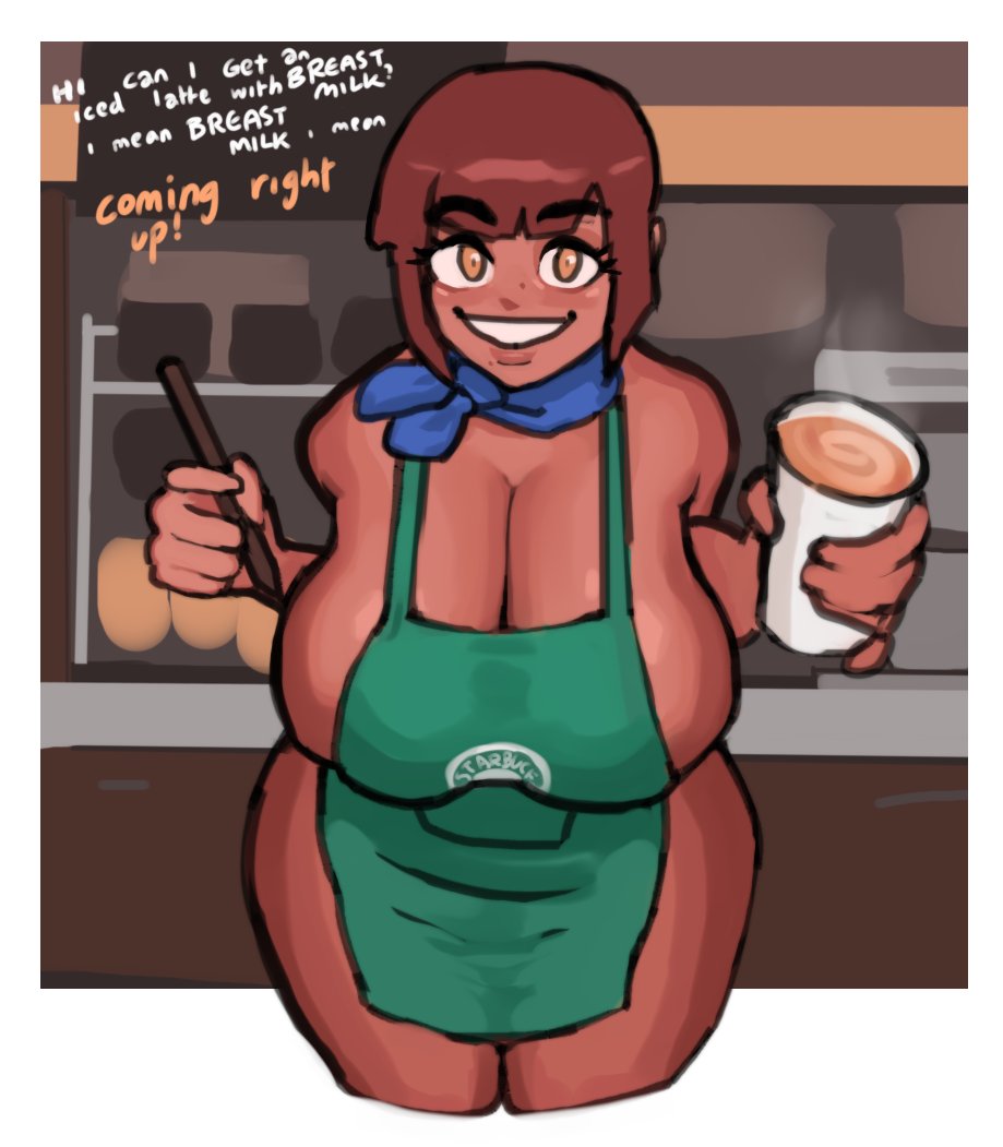 1girls, apron, apron only, big breasts, breasts, cleavage, coco (dolecat), dark skin, dark-skinned female, dialogue, dolecat, female, female only, iced latte with breast milk, large breasts, looking at viewer, meme, nude, original, solo, thick thighs, wide hips
