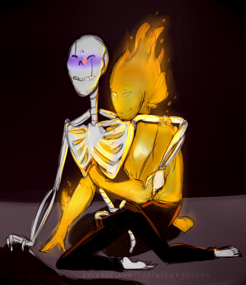 animated_skeleton blush bones fire fire_elemental gaster grillby holding_arm male male/male male_only monster partially_clothed purple_blush shirtless skeleton soul soul_sex succulentgeckos tail temperature_play topless undertale yaoi