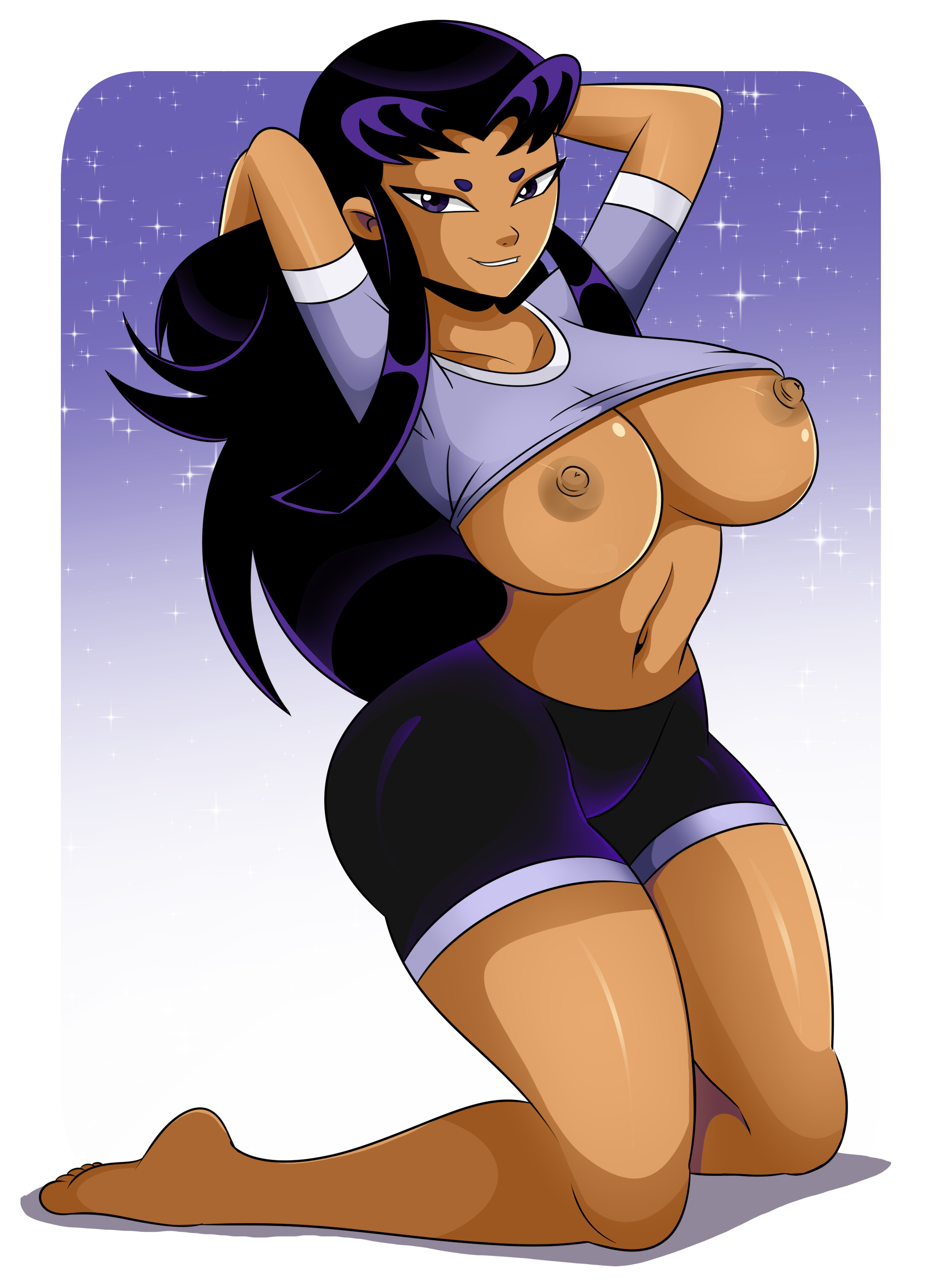 1girls, 2d, alien, alien girl, alien humanoid, alien look like human, areolae, arms behind head, barefoot, belly, big breasts, blackfire, breasts, brown skin, cartoon network, clothed, clothing, curvaceous, curvy, dc, dc comics, detailed background, exposed breasts, feet, female, female only, flashing, grin, gym shorts, hair over shoulder, half-closed eyes, hi res, hourglass figure, kneeling, komand'r, large breasts, long hair, looking at viewer, navel, nipples, pose, posing, purple eyes, purple hair, shiny skin, shirt, shirt up, short sleeves, shorts, showing off, smile, sonson-sensei, t-shirt, tan skin, tan-skinned female, teen titans, teeth, thick thighs, thighs