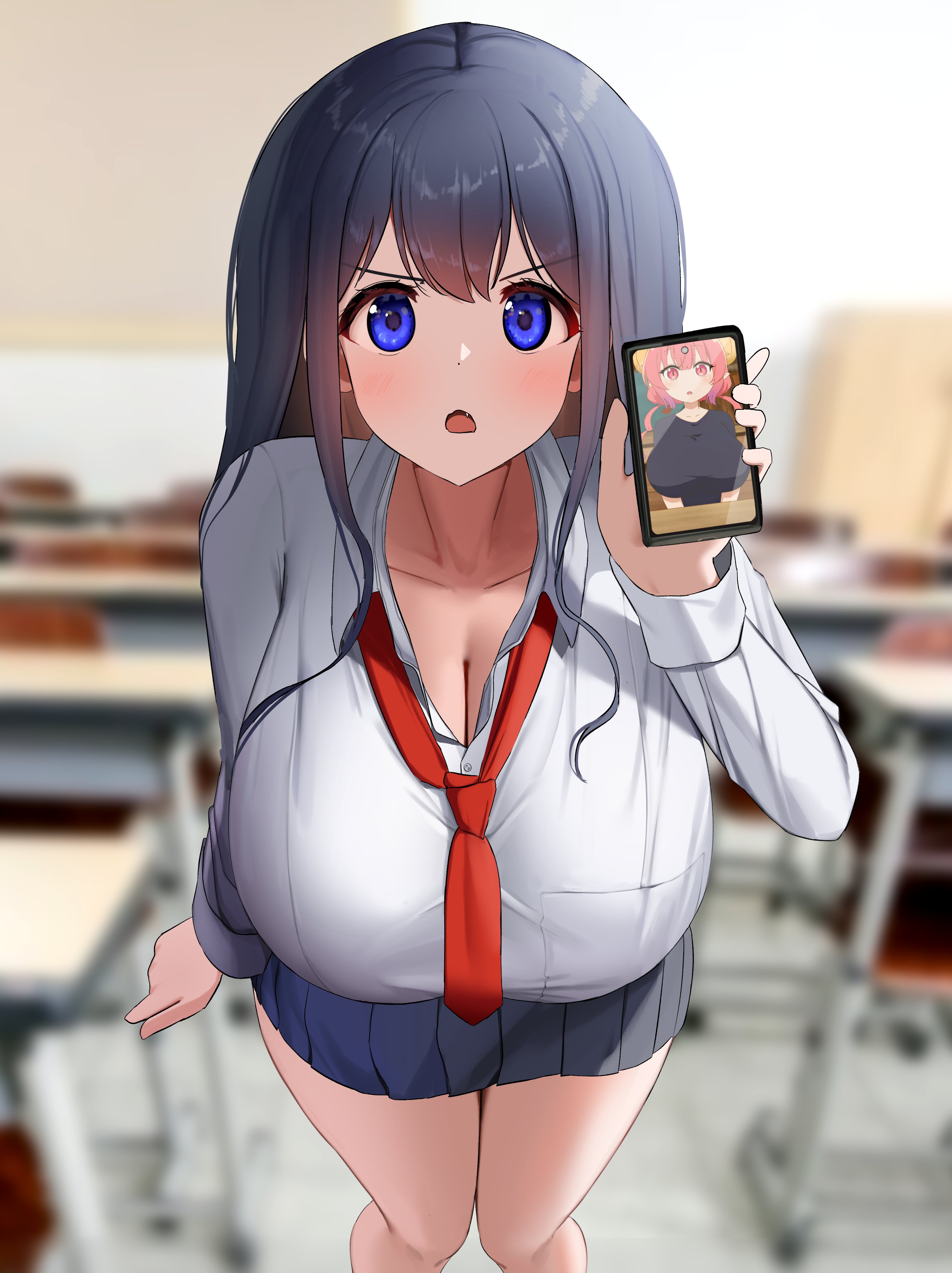 big breasts, blue eyes, blue hair, breasts, cellphone, cellphone picture, classroom, cleavage, fair skin, fang, female, fully clothed, huge breasts, ilulu (dragon maid), long hair, looking at viewer, miss kobayashi's dragon maid, necktie, nicorima, pale skin, school uniform, screenshot, short skirt, skirt, solo female
