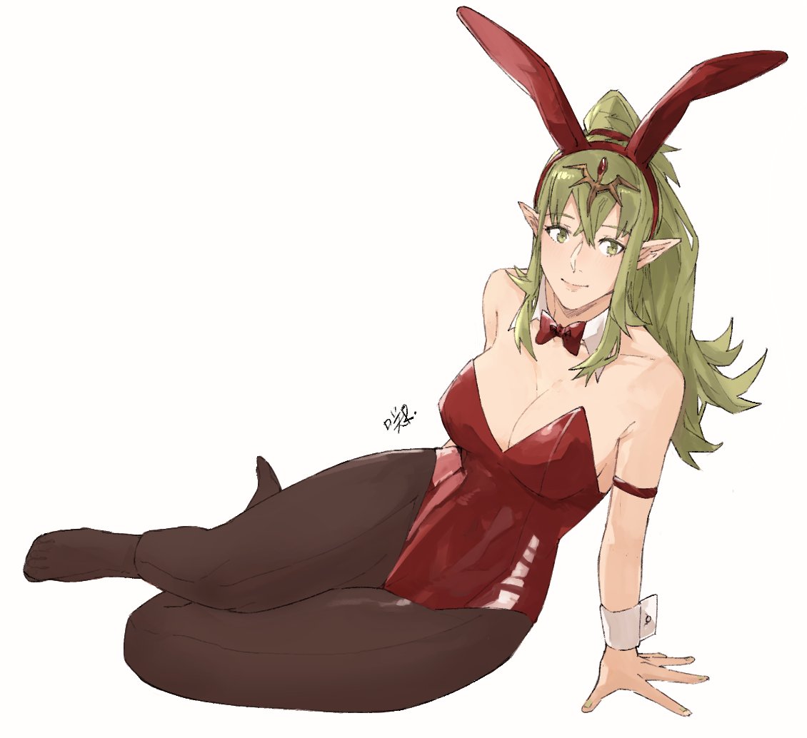 1girls alternate_costume animal_ears arm_support armband bangs bare_shoulders bow bowtie breasts bunny_ears bunny_girl bunnysuit cleavage closed_mouth commentary covered_navel detached_collar english_commentary fake_animal_ears female fire_emblem fire_emblem_awakening full_body green_eyes green_hair hair_ornament high_ponytail jewelry large_breasts leotard long_hair looking_away manakete nintendo no_shoes pantyhose playboy_bunny pointy_ears ponytail rabbit_ears red_leotard sakuremi sidelocks signature simple_background smile solo strapless strapless_leotard tiara tiki_(adult)_(fire_emblem) tiki_(fire_emblem) white_background wrist_cuffs