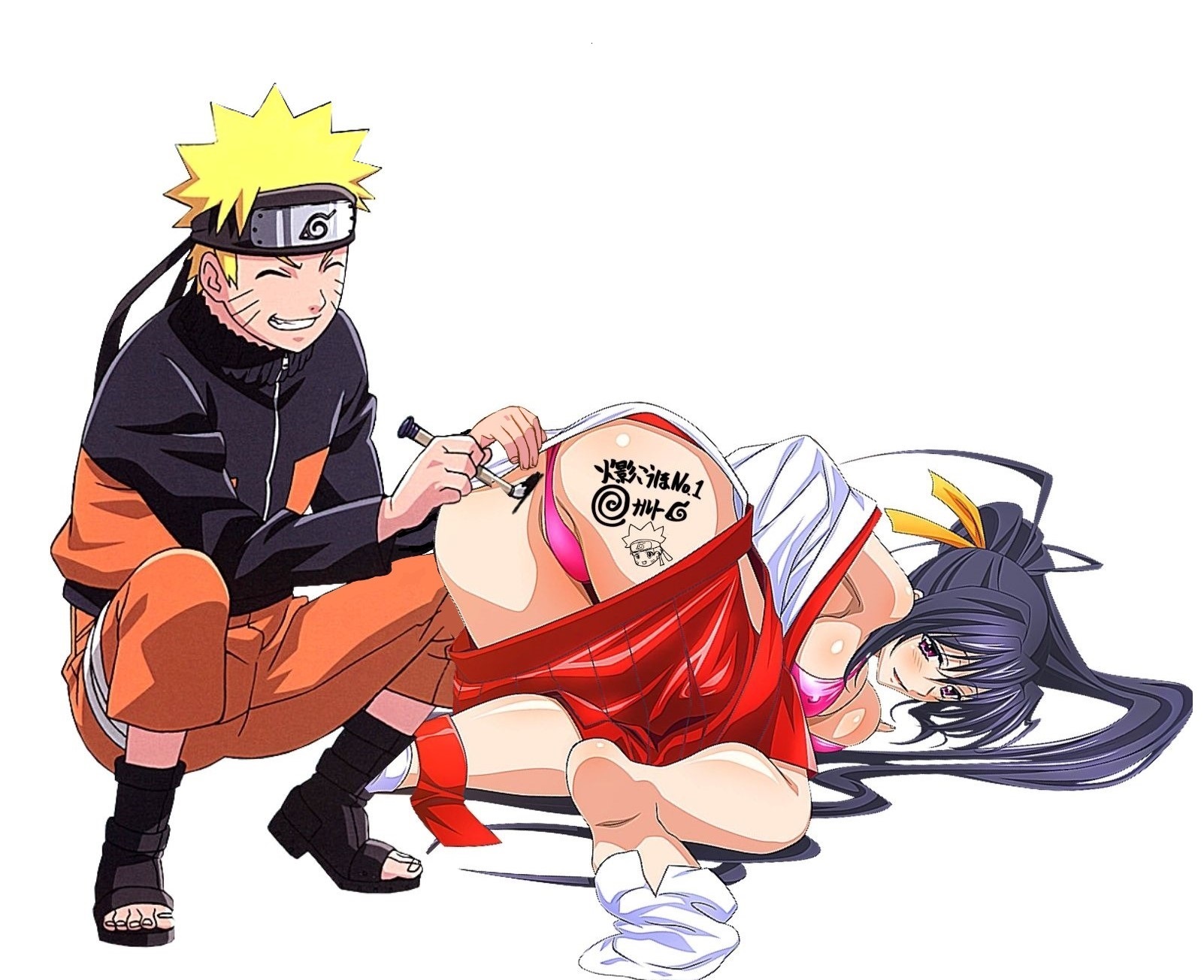 akeno himejima, ass, autograph, black hair, blonde hair, blush, breasts, cleavage, crossover, erect nipples, female, high school dxd, kneeling, large breasts, miko, naruto, naruto (series), naruto shippuden, nipples, panties, purple eyes, thighs, underwear, uzumaki naruto