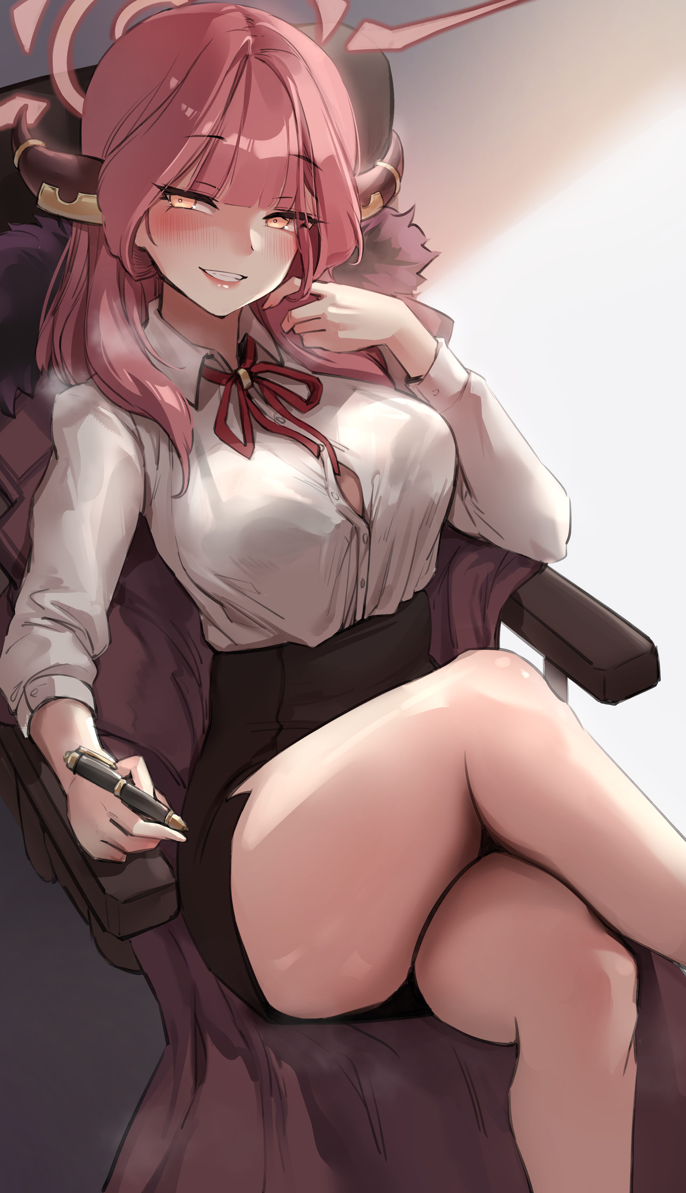 aru (blue archive), black skirt, blue archive, breasts, breath, brown coat, button gap, chair, coat, collared shirt, crossed legs, dress shirt, female, foxy rain (foxyreine), foxyrain (foxyreine), foxyreine, fur trim, gehenna academy student, grin, halo, high resolution, high-waist skirt, holding, horns, large breasts, long hair, long sleeves, looking at viewer, miniskirt, neck ribbon, office chair, orange eyes, pen, pencil skirt, pink hair, problem solver 68 (blue archive), ribbon, shirt, shirt tucked in, sitting, skirt, smile, smug, solo, thighs, very high resolution, white shirt