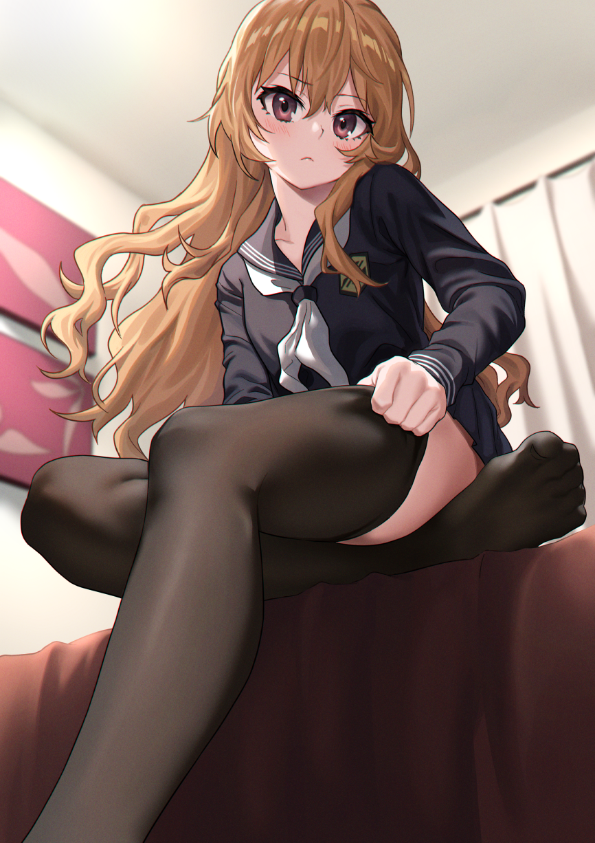 1girls :< aisaka_taiga bangs bed black_legwear black_serafuku black_skirt blush brown_eyes brown_hair clavicle clothing deca_purio dressing eyebrows_visible_through_hair feet female hair_between_eyes high_resolution indoors long_hair long_sleeves looking_at_viewer neckerchief no_shoes on_bed pixiv_id_16814183 sailor_collar school_uniform serafuku sitting skirt solo stockings thighhighs thighs toes toradora! uniform very_long_hair white_neckwear zettai_ryouiki