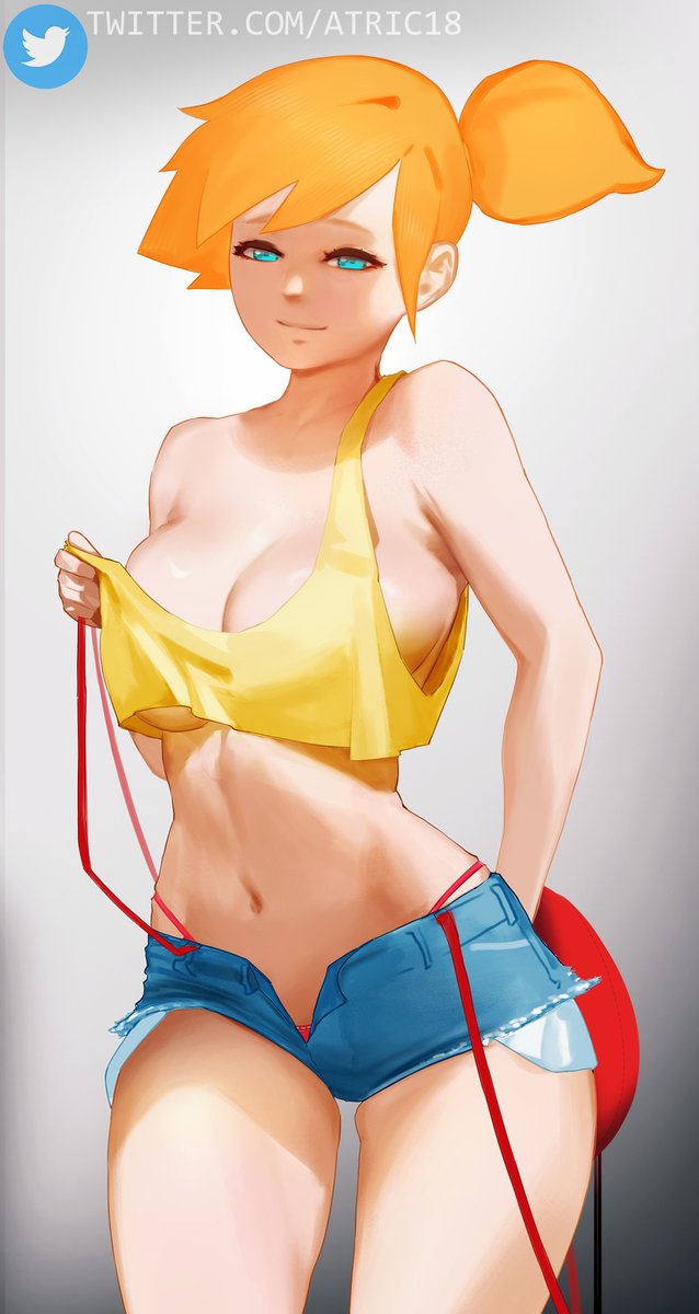 adapted costume, alternate breast size, armpits, asymmetrical hair, atric18, bare legs, blush, breasts, clothing, creatures inc., denim, denim shorts, female, game freak, gen 1 pokemon, green eyes, gym leader, high resolution, higher resolution available, huge breasts, kasumi (pokemon), large breasts, legs, looking at viewer, navel, nintendo, nipples, orange hair, pokemon, pokemon (anime), pokemon (classic anime), pokemon (game), pokemon character, pokemon species, ponytail, shirt, short hair, short shorts, shorts, side ponytail, smile, solo, standing, suspenders, tank top, thick thighs, thighs, thong, tied hair, wide hips, yellow shirt, yellow tank top