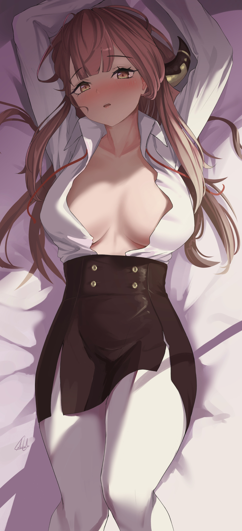arms up, aru (blue archive), bangs, black skirt, blue archive, blunt bangs, blush, breasts, clavicle, demon horns, eyebrows visible through hair, female, gehenna academy student, high resolution, high-waist skirt, horns, large breasts, long hair, long sleeves, lying, nev (nevblindarts), on back, open clothes, open shirt, pantyhose, pencil skirt, pink hair, problem solver 68 (blue archive), shirt, skirt, solo, white shirt, yellow eyes