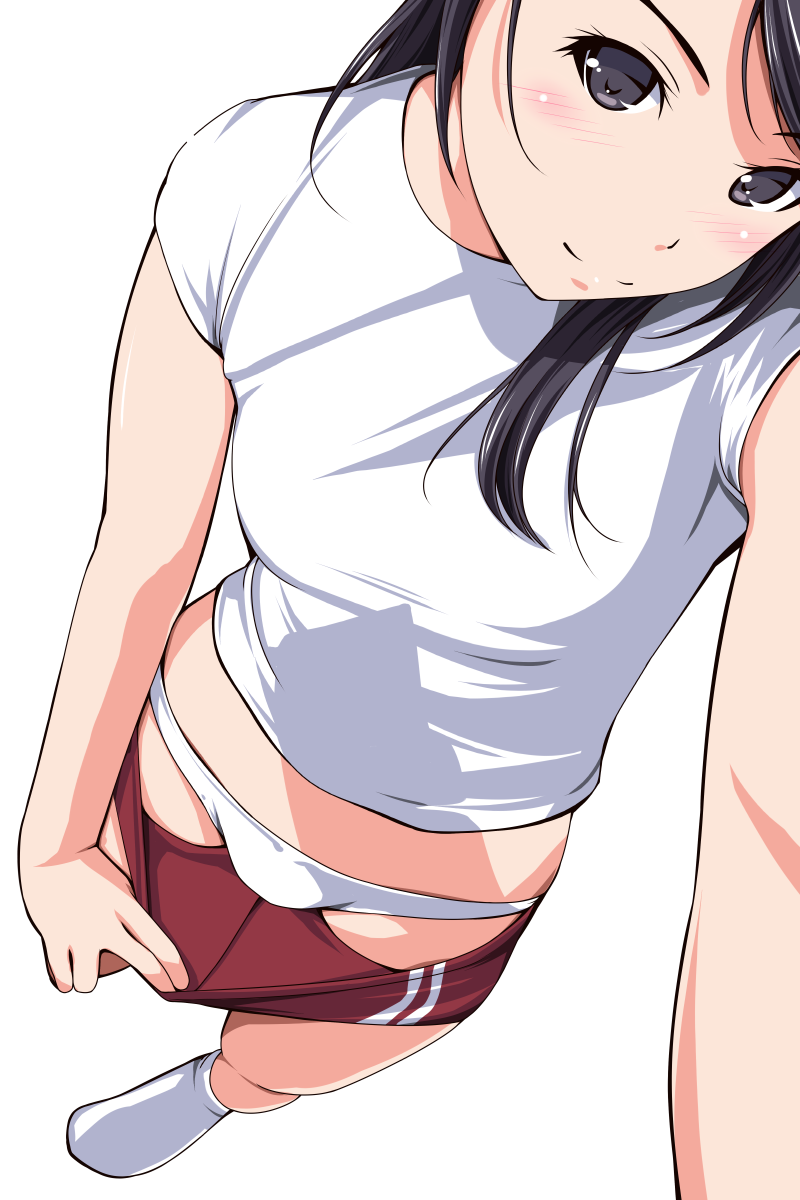 bare_legs black_eyes black_hair blush buruma buruma_pull cameltoe closed_mouth clothing female female footwear groin high_resolution leg_up legs lingerie matsunaga_kouyou original outstretched_arm pantsu pulled_by_self reaching_out self_shot shirt short_hair short_sleeves simple_background smile socks solo sportswear standing standing_on_one_leg tareme teasing underwear white_background white_legwear white_panties white_shirt white_underwear