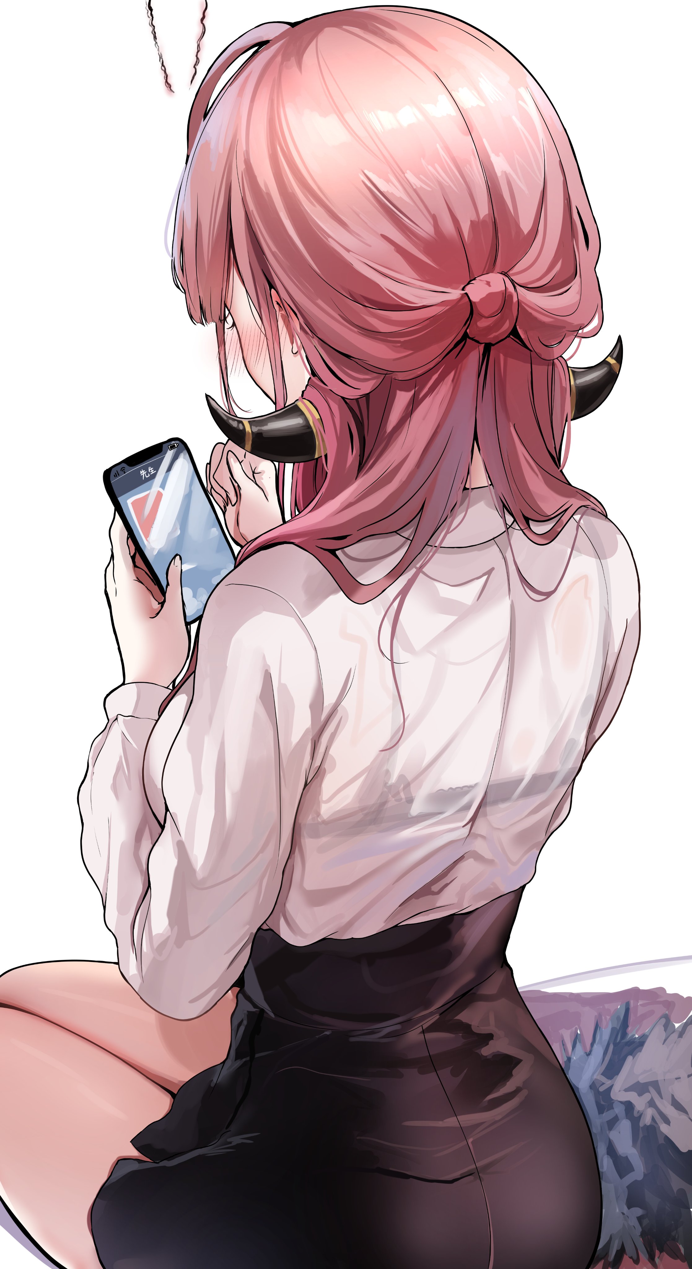 aru (blue archive), back, black skirt, blue archive, breasts, brown hair, cellphone, collared shirt, dress shirt, female, gehenna academy student, half updo, high resolution, high-waist skirt, horns, large breasts, light brown hair, long hair, long sleeves, phone, problem solver 68 (blue archive), sak (lemondisk), shirt, sitting, skirt, thighs, tied hair, very high resolution, white shirt