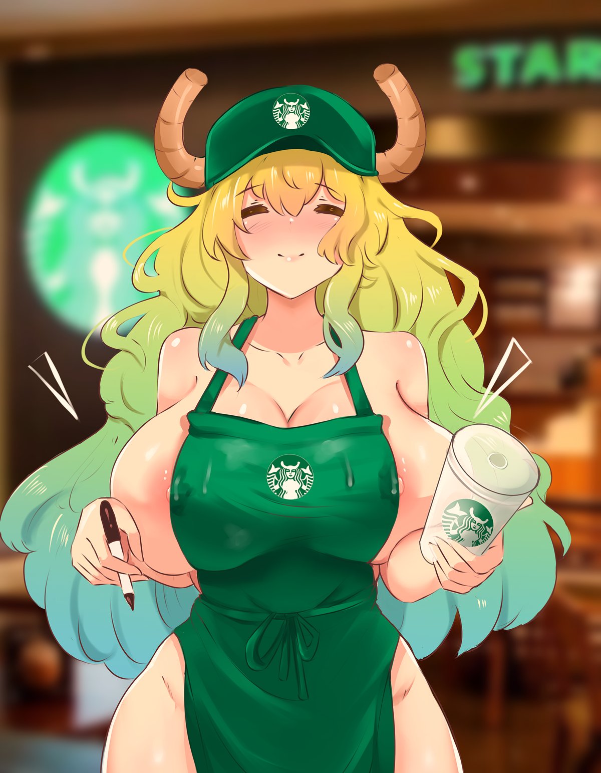 apron baseball_cap curvy huge_breasts iced_latte_with_breast_milk lactation lucoa meme miss_kobayashi's_dragon_maid multicolored_hair naked_apron noiretox quetzalcoatl_(dragon_maid) starbucks tagme voluptuous wide_hips