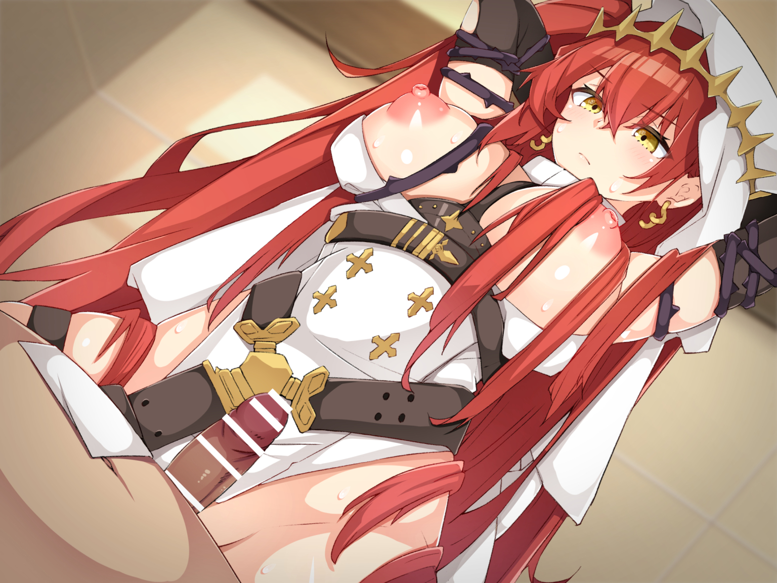 1boy, 1girls, alchemy stars, big breasts, blush, breasts, censored, earrings, exposed breasts, female, hair ornament, hood, karou windmill9, long hair, looking down, male, nipples, pact (alchemy stars), partially clothed, red hair, sweat, vines, yellow eyes