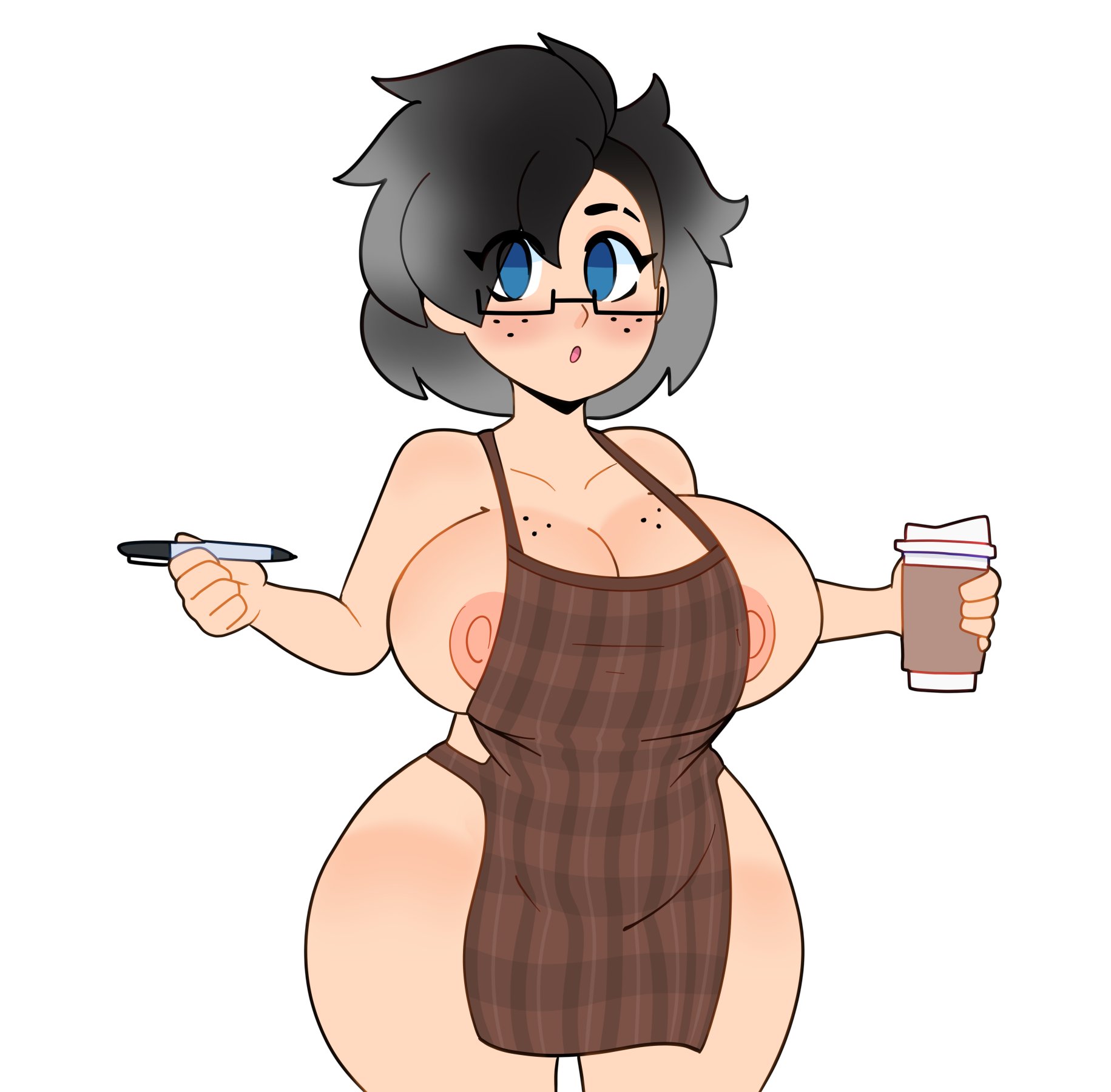 1girls, apron, areolae, breasts, cleavage, female, female only, huge breasts, iced latte with breast milk, meme, naked apron, nipples, original character, solo, somescrub, thick thighs, wide hips