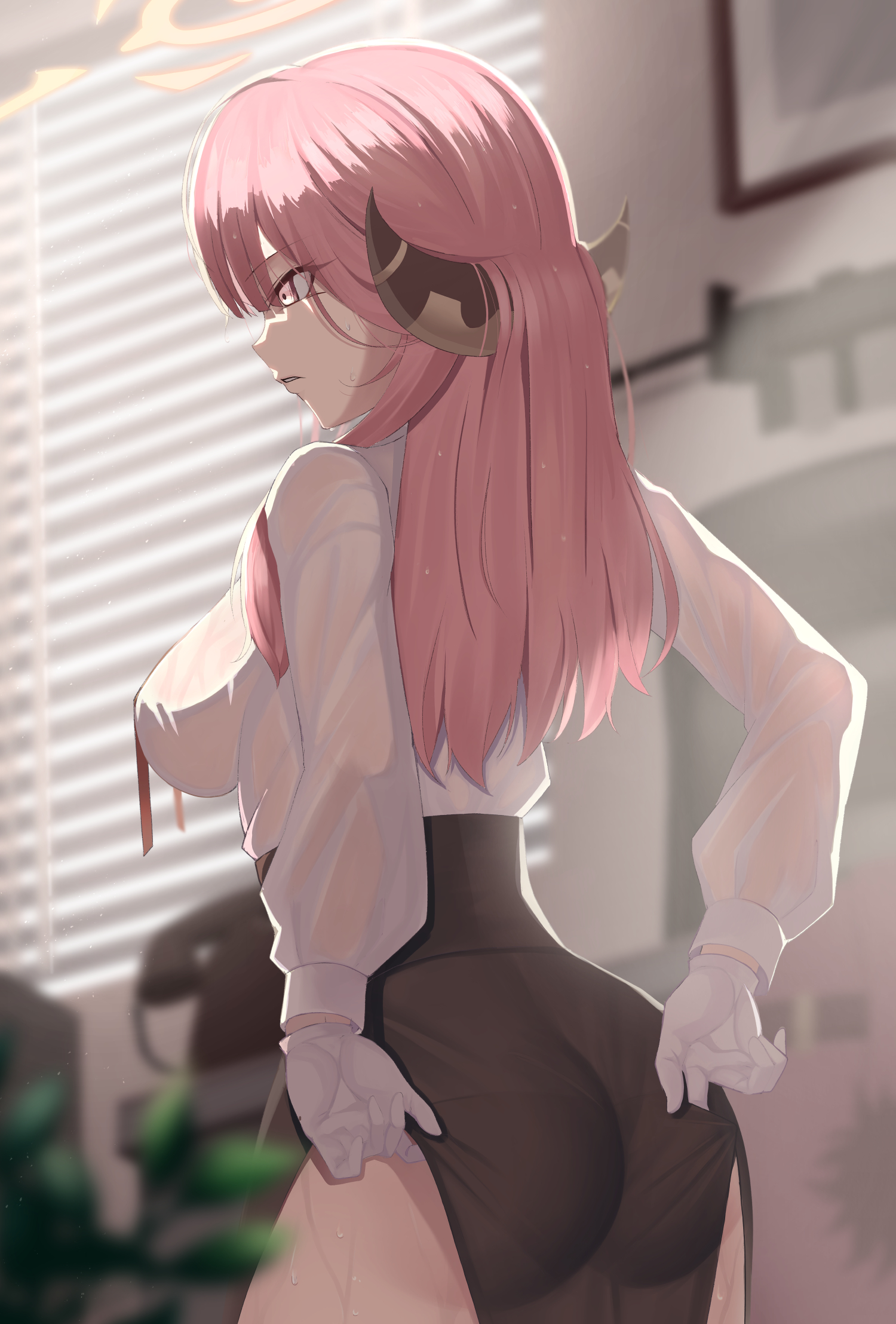 aru (blue archive), ass, bangs, black skirt, blue archive, blurry, blurry background, breasts, clothes pull, eyebrows visible through hair, female, from behind, gehenna academy student, gloves, high resolution, long skirt, looking down, medium breasts, mishiro (ixtlolton), panties outline, pantylines, parted lips, pink eyes, pink hair, problem solver 68 (blue archive), side slit, skirt, skirt pull, solo, thighs, white gloves