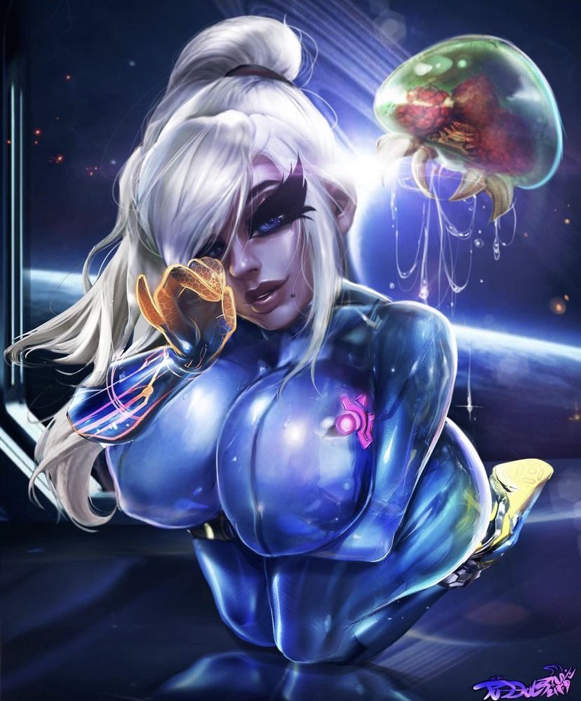 big breasts, bimbo, blonde, blonde hair, blowjob gesture, blue, breasts, eyes, fellatio gesture, female, large breasts, latex, looking at viewer, metroid, nintendo, samus aran, skin tight, thick thighs, tight clothing, tudduls, voluptuous