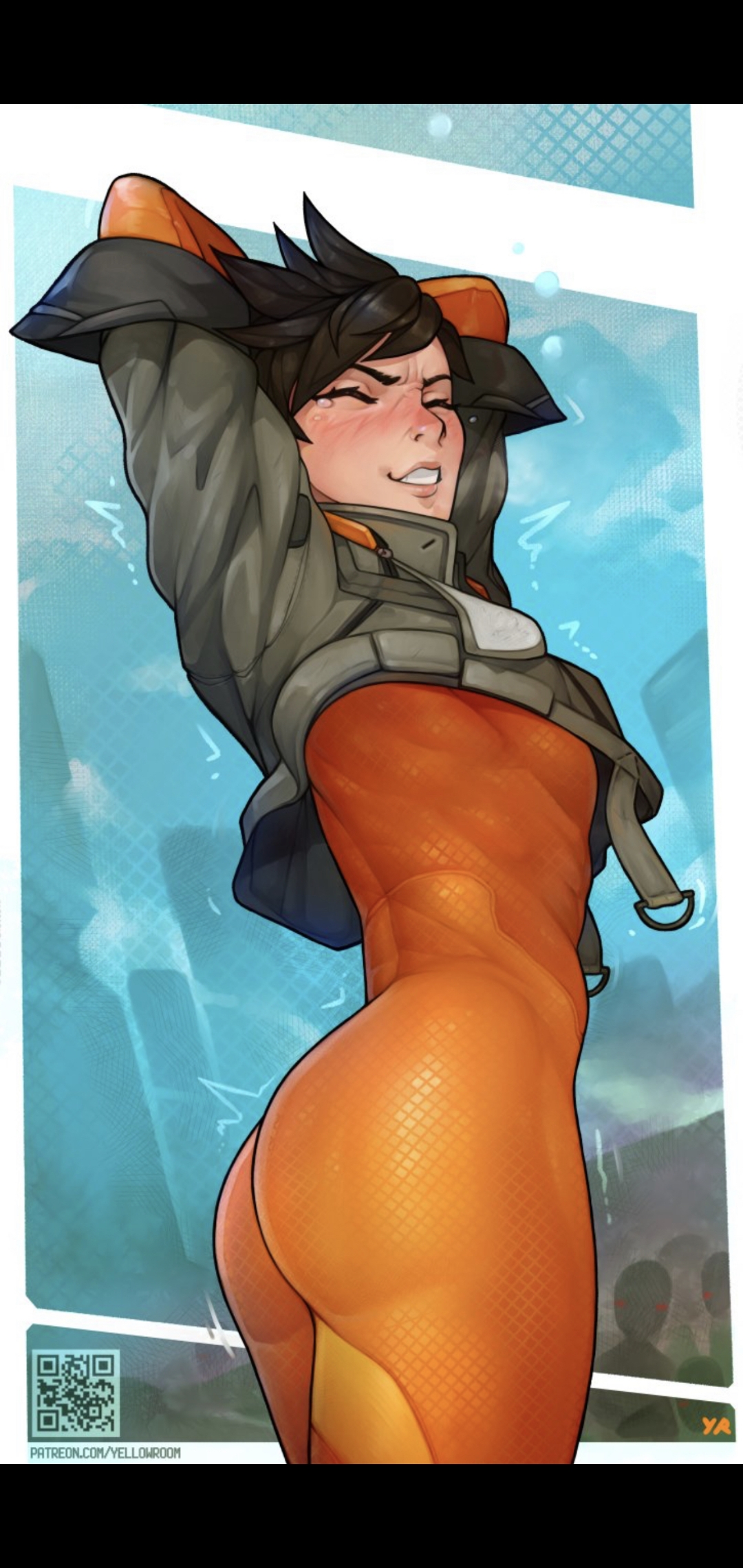 1girls, 2d, ass, blush, bodysuit, closed eyes, female, female only, human, outerwear, overwatch, overwatch 2, overwatch league, short hair, stretching, tight fit, tracer, tracer (overwatch 2 suit), yellowroom