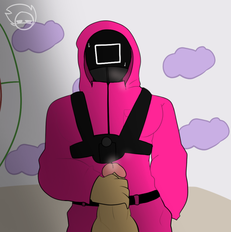 anon big_penis fully_clothed goskydive handjob jerkingoff jerkingoff_another male male_only manager_(squid_game) mask masked masked_male masturbation netflix pink_clothing pink_guard self_upload square_(squid_game) squid_game sweating