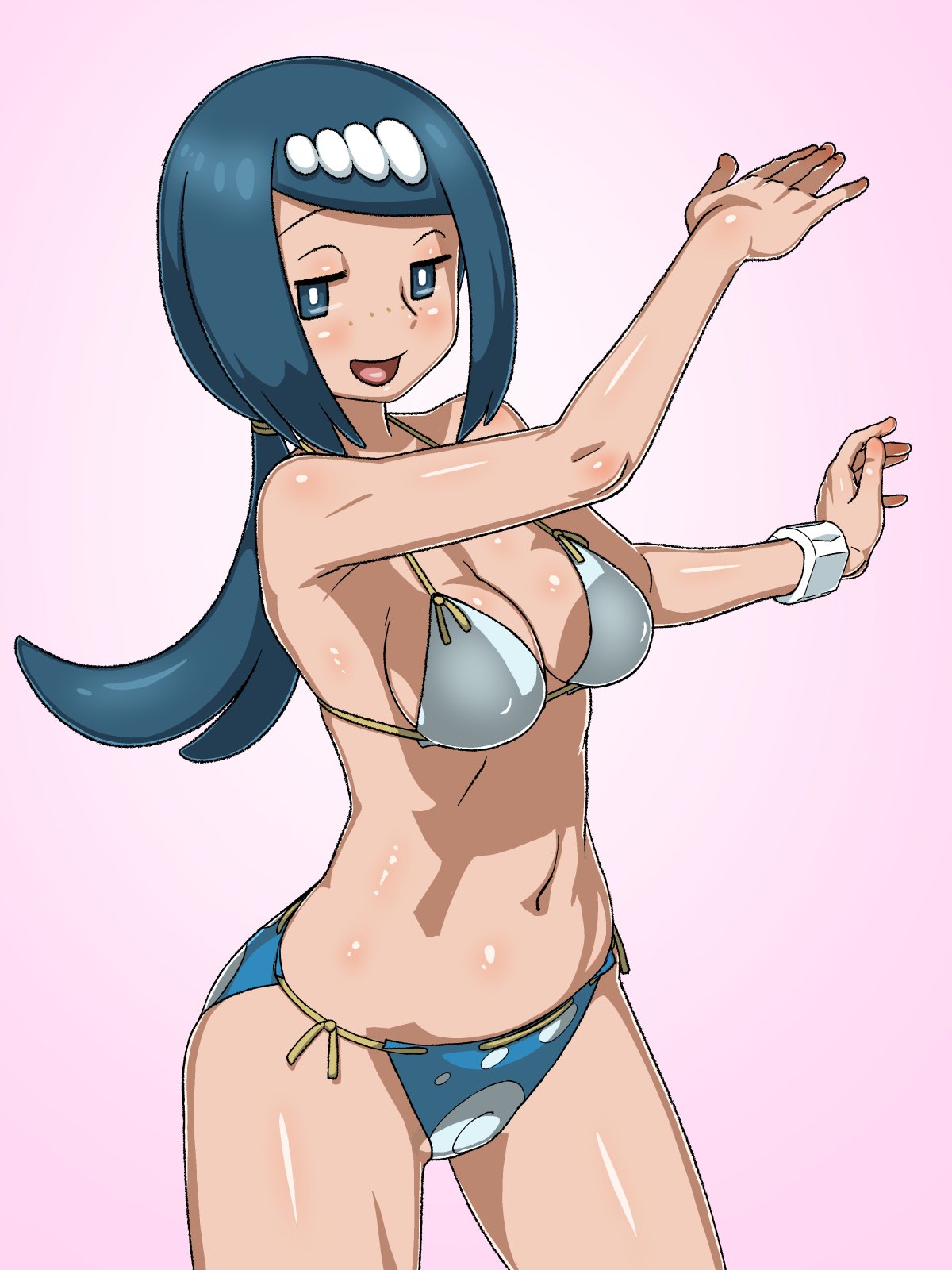 1girls bikini blue_eyes blue_hair breasts freckles hair_ornament hi_res human lana's_mother_(pokemon) medium_breasts milf mob_face nintendo pokemon pokemon_sm solo tied_hair tsuwitchii84