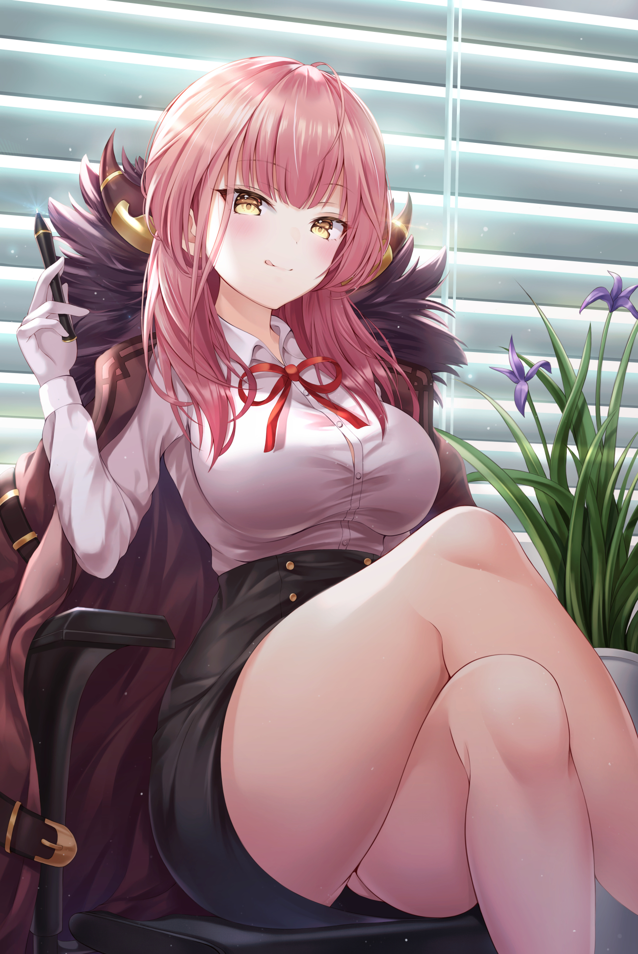aru (blue archive), bangs, black skirt, blue archive, bnari, breasts, collared shirt, crossed legs, dress shirt, eyebrows visible through hair, female, fur collar, gehenna academy student, gloves, high resolution, high-waist skirt, holding, holding object, holding pen, horns, indoors, jacket, jacket on shoulders, large breasts, licking lips, long hair, long sleeves, looking at viewer, neck ribbon, pen, pink hair, plant, potted plant, problem solver 68 (blue archive), purple jacket, red neckwear, ribbon, shirt, shirt tucked in, shutter, sitting, skirt, skirt lift, solo, tongue, tongue out, white gloves, white shirt, yellow eyes