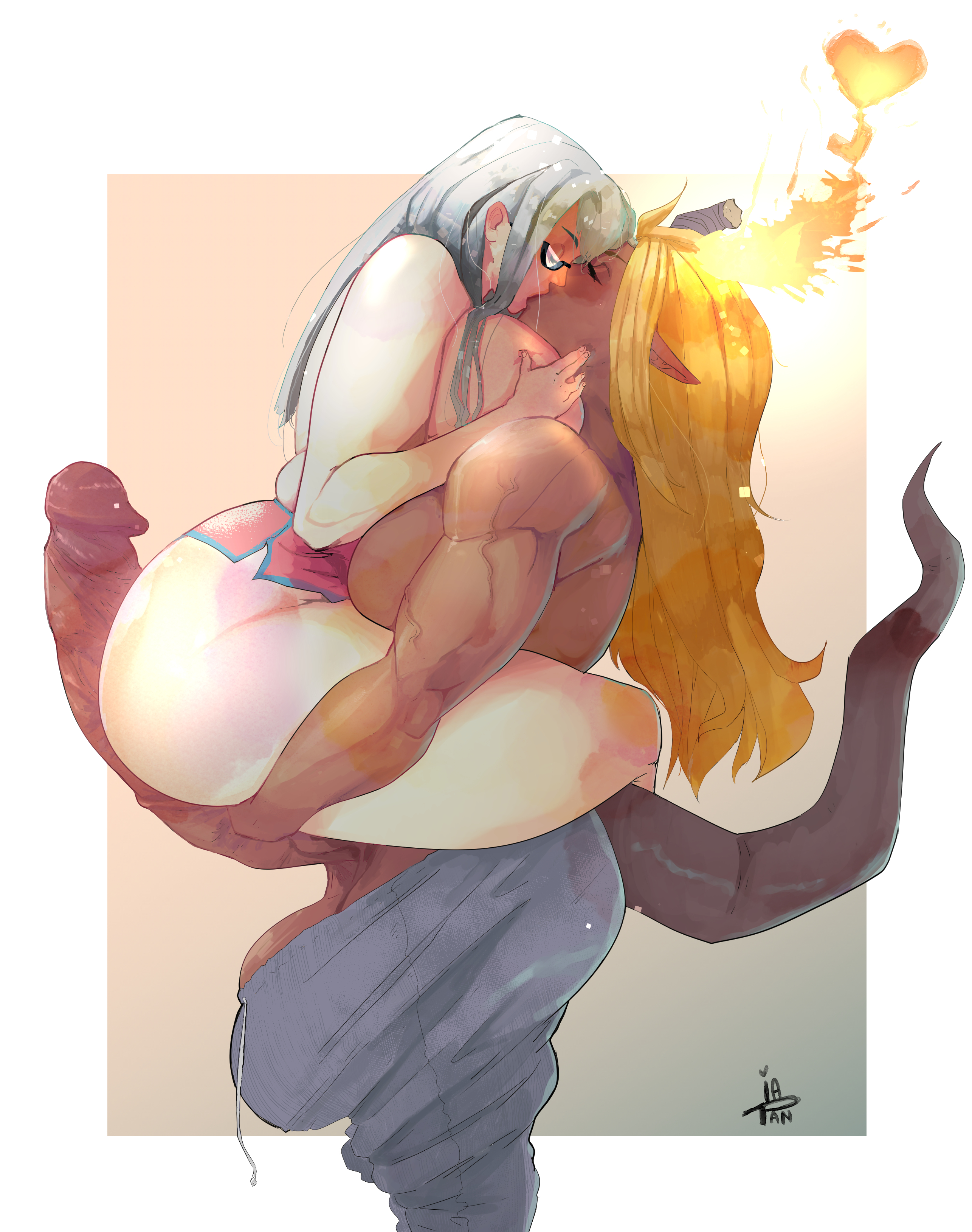 1futa, 1girls, balls, big balls, blonde hair, bottomless, breasts, carrying, carrying partner, chubby, clothed, clothing, commission, dark skin, dark-skinned futa, duo, erection, female, futa on female, futanari, glasses, hot dogging, huge balls, huge cock, human, intersex, kissing, large breasts, light skin, light-skinned female, long hair, monster girl, muscular, muscular futa, pale skin, partially clothed, penis, side view, standing, thick thighs, topless, white hair, yapan48