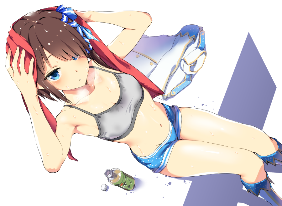 aida_takanobu blue_eyes boots bottle bra brown_hair clothing dutch_angle female female female_only izumi_akira knee_boots midriff natsu_natsuna navel ribbon shirt_removed short_hair shorts sitting skirt solo sports_bra sweat thighs tomboy towel trinity_tempo underwear wet wet_clothes