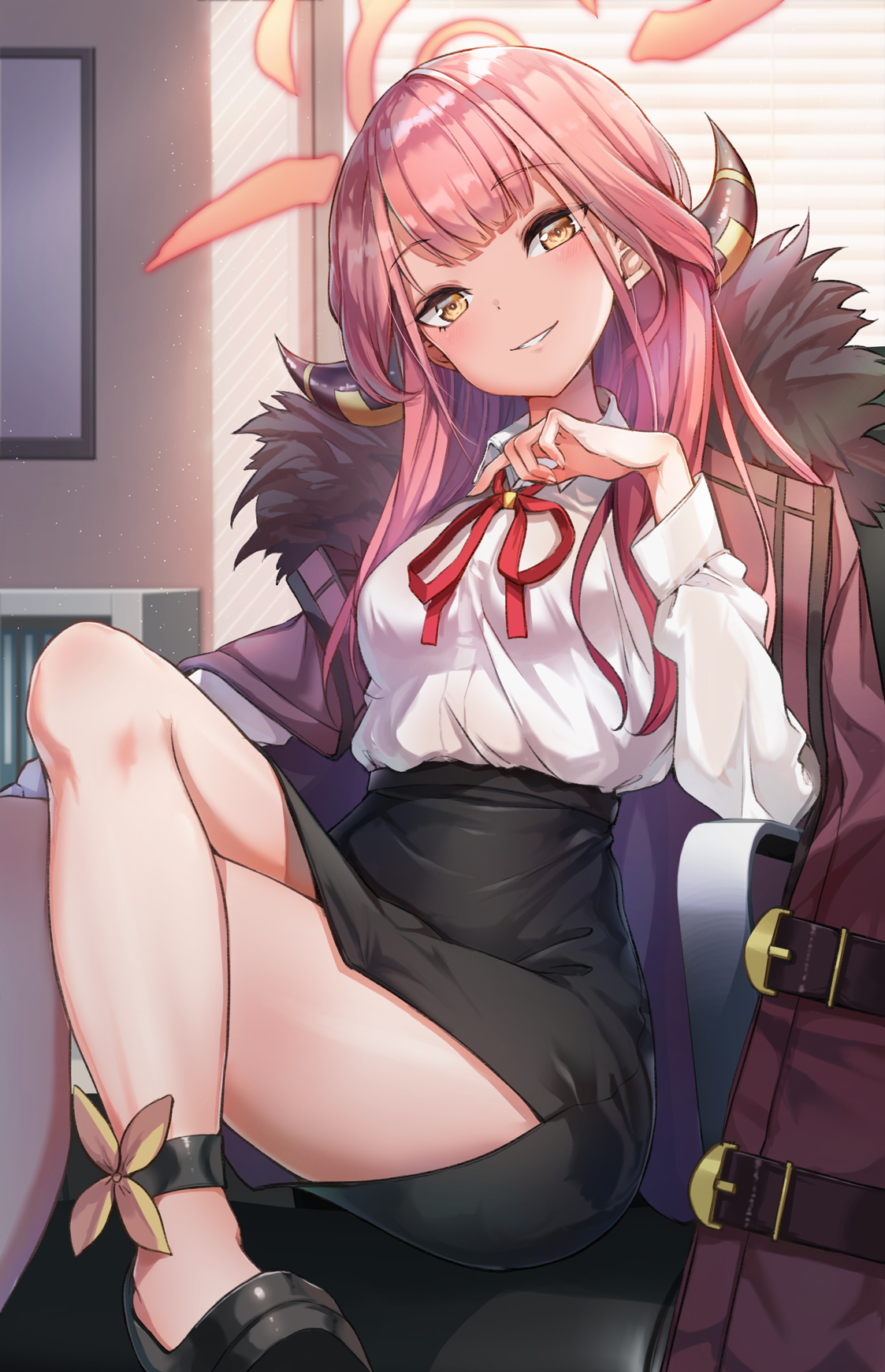 aru (blue archive), black footwear, black skirt, blue archive, breasts, coat, coat on shoulders, crossed legs, dress shirt, female, fur trim, gehenna academy student, grin, halo, head tilt, high resolution, high-waist skirt, horns, long hair, long sleeves, looking at viewer, medium breasts, miniskirt, orange eyes, pencil skirt, pink hair, problem solver 68 (blue archive), purple coat, shirt, shoes, side slit, sitting, skirt, skirt lift, smile, solo, white shirt, yu ni t