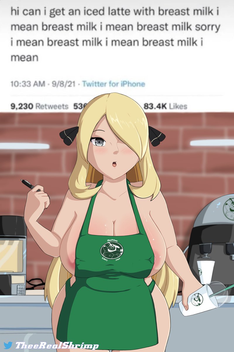 1girls apron apron_only areolae big_breasts blonde_hair brick_wall counter cup cynthia_(pokemon) espresso_machine hair_covering_eyes holding_object iced_latte_with_breast_milk lamps light_skin looking_at_viewer meme miltank nintendo nude nude_female pokemon pokemon_dppt signature starbucks theeshrimp thick_thighs twitter