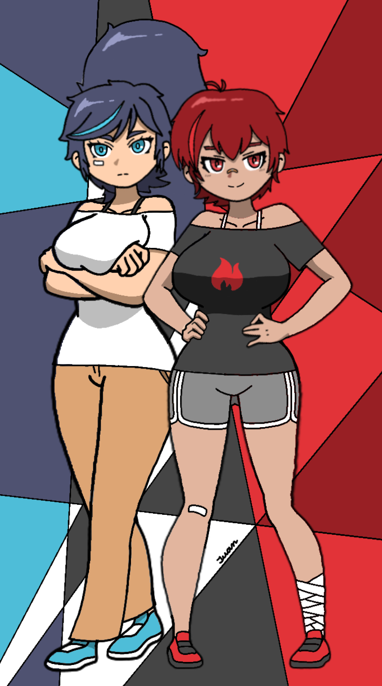 2girls bandage_on_face bandaid_on_leg big_breasts black_topwear blue_eyes blue_shoes bra_strap censored cousins crossed_arms curvy curvy_figure dark_blue_hair dark_red_hair dolphin_shorts female female_only hands_on_hips huge_breasts ice_and_fire jun_hyun_soo_(writers_crusaders) kim_han_yi_(writers_crusaders) korean multiple_girls ponytail red_eyes red_shoes short_hair tan_skin tanned_girl tanned_skin thick_thighs thighs tomboy two_tone_hair wcjuan white_topwear writers_crusaders