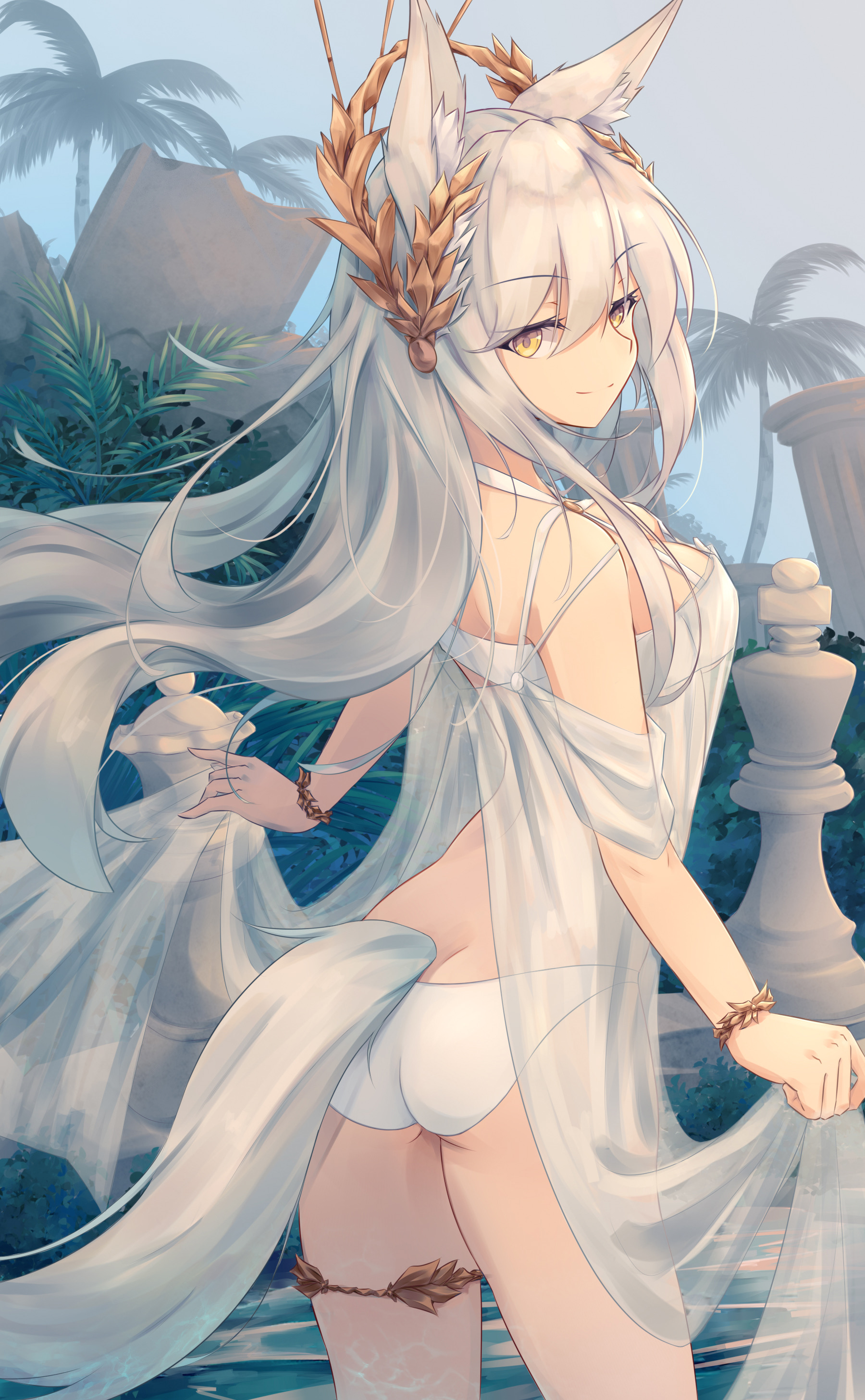 animal ears, arknights, ass, big breasts, bikini, breasts, female, horse ears, horse tail, platinum (arknights), see-through clothing, silver hair, swimsuit, tail, thighs, trimbil, yellow eyes