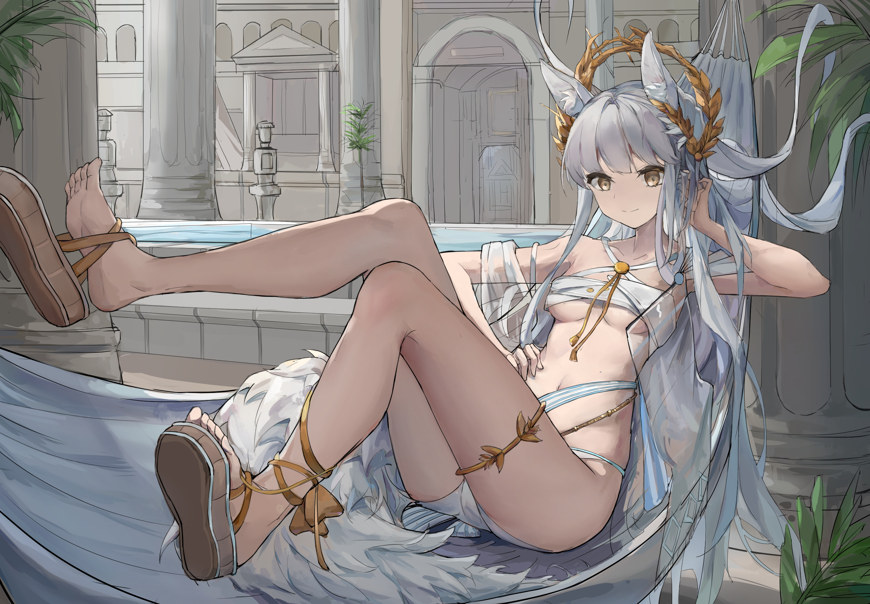 1girls, animal ears, arknights, barely clothed, blush, breasts, brown eyes, feet, female, horse ears, navel, platinum (arknights), silver hair, thighs, yx1