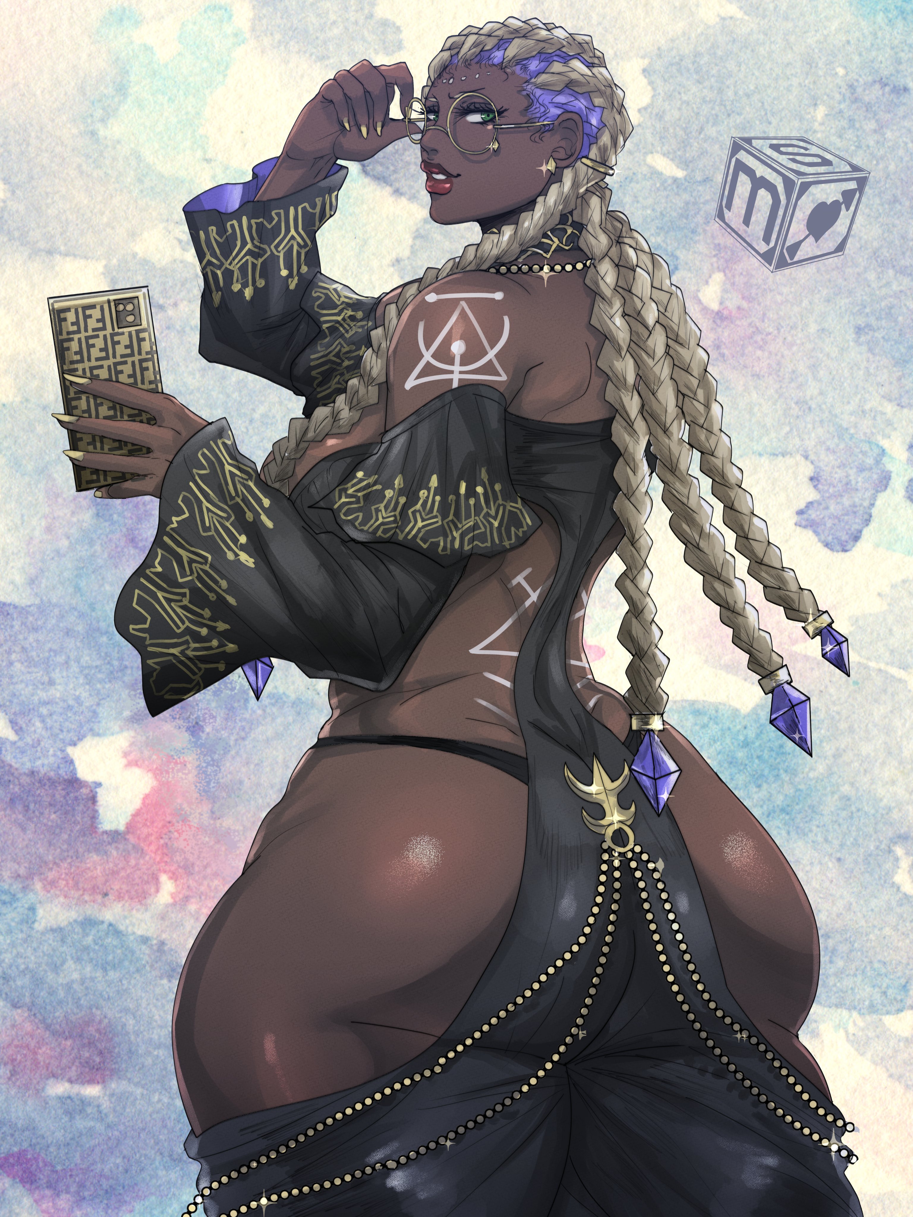 1girls, african, african female, ass, ass focus, big ass, blue eyes, braid, braided hair, braided ponytail, curvy, curvy figure, dark skin, dark-skinned female, dolores (kof), eyelashes, fat ass, female, female only, glasses, green eyes, holding, holding object, holding phone, huge ass, king of fighters, lipstick, long hair, looking at viewer, looking back, sekushimagik, simple background, solo, thick ass, thick thighs, video games, voluptuous, wide hips