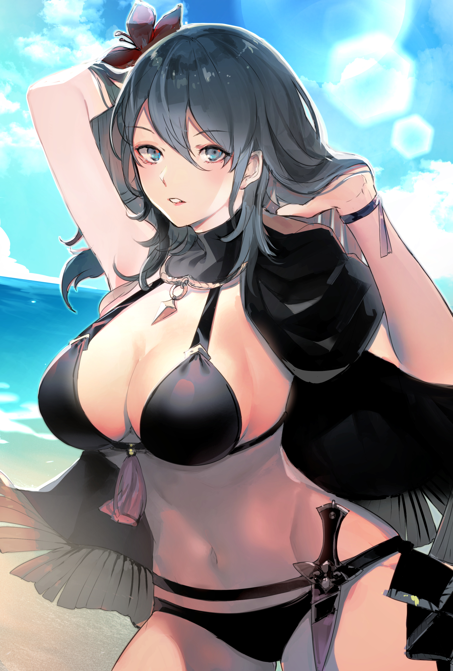 1girls, alternate costume, arms up, bangs, beach, bikini, black bikini, black cape, black swimsuit, blue eyes, blue hair, blue sky, breasts, byleth (fire emblem), byleth (fire emblem) (female), cape, cleavage, cloud, commentary request, day, eyebrows visible through hair, female, fire emblem, fire emblem heroes, fire emblem: three houses, flower, hair between eyes, hair flower, hair ornament, hand in hair, hibiscus, highres, knife, large breasts, lips, long hair, looking at viewer, machi wt, navel, nintendo, ocean, official alternate costume, outdoors, parted lips, sheath, sheathed, sideboob, sky, solo, swimsuit, teal hair, teeth, water, weapon