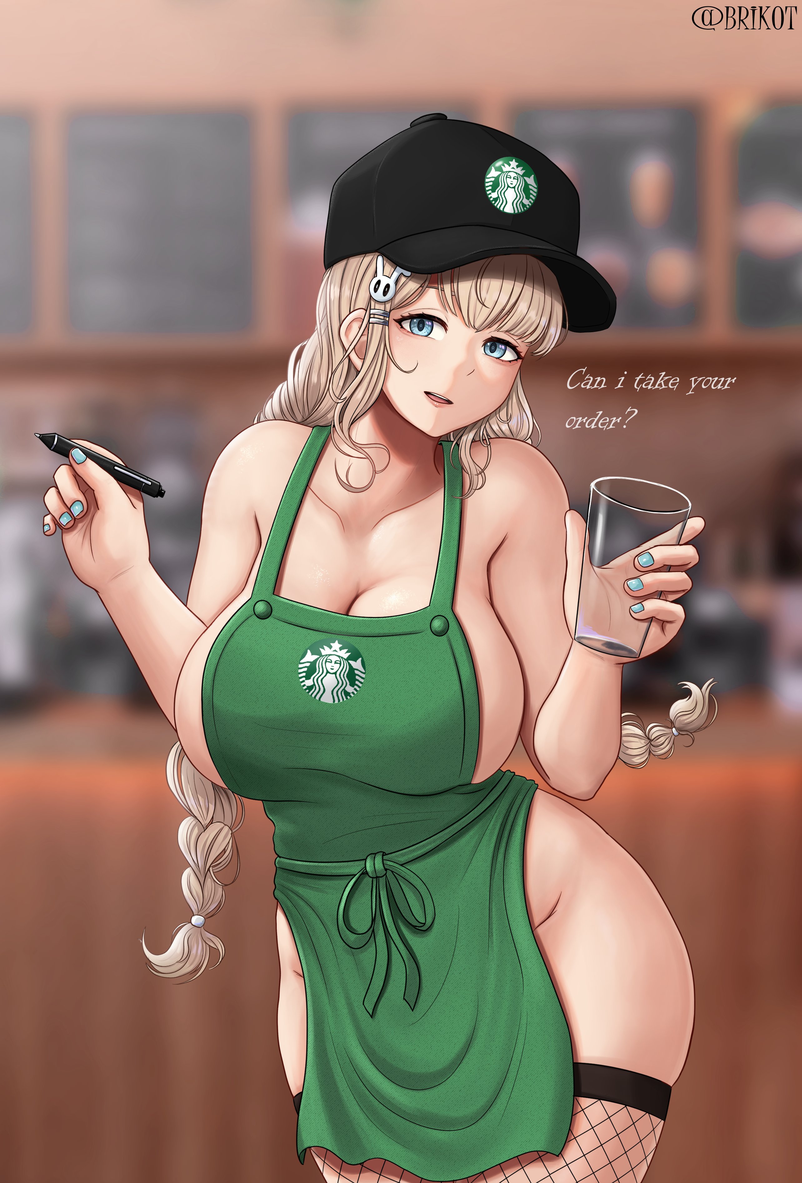 alternate version available, apron, blue nails, braid, breasts, brikot, cap, female, fishnet stockings, iced latte with breast milk, long hair, meme, nail polish, naked, naked apron