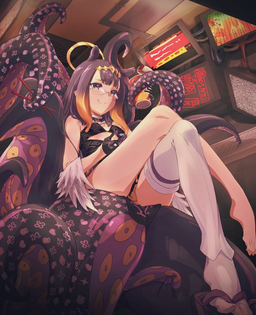 1girls, angel wings, artist request, ass, ass focus, barefoot, blush, breasts, choker, chopsticks, crossed legs, diadem, dress, eating, eyebrows visible through hair, female, female focus, female only, flat chest, flat chested, fukuda keita, fukuda kt, glasses, gloves, halo, high heels, highres, hololive, hololive english, hololive myth, indoors, legs crossed, light skin, light-skinned female, long hair, looking at another, mole, mole under eye, multicolored hair, ninomae ina'nis, orange hair, pale skin, pale-skinned female, purple eyes, purple hair, ramen, sitting, skirt, small breasts, smile, smiling, smug, stockings, tentacle, thick thighs, thighhighs, tiara, very high resolution, very long hair, virtual youtuber, white stockings, wings