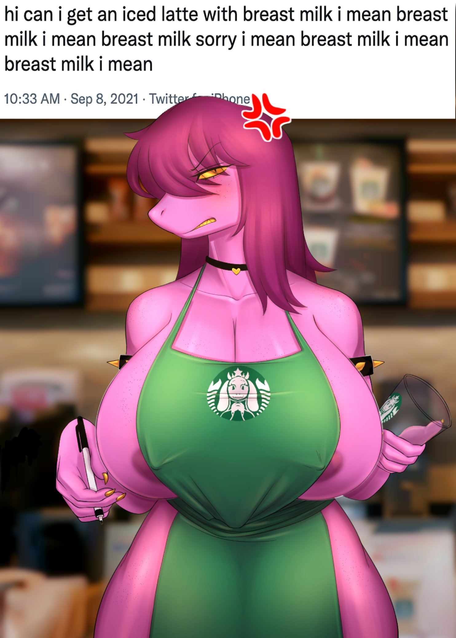 1girls, angry, apron, areola slip, breasts, deltarune, female, female only, huge breasts, huwon, iced latte with breast milk, meme, naked apron, scalie, solo, standing, susie (deltarune), tagme, text