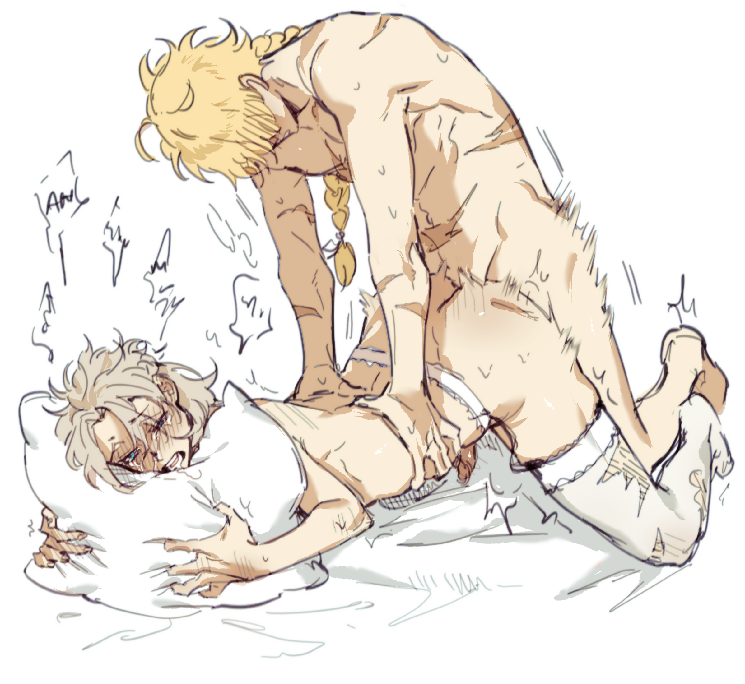 2boys, aether (genshin impact), albedo (genshin impact), anal, anal sex, ass, bed, bed sheet, blushing, braid, crying, doggy style, femboy, gay, genshin impact, jesuistae 23m, lingerie, male, male only, moaning, penis, pillow, pillow grab, scar, size difference, tagme, tears, thick thighs, thighhighs, top-down bottom-up, waist grab, yaoi