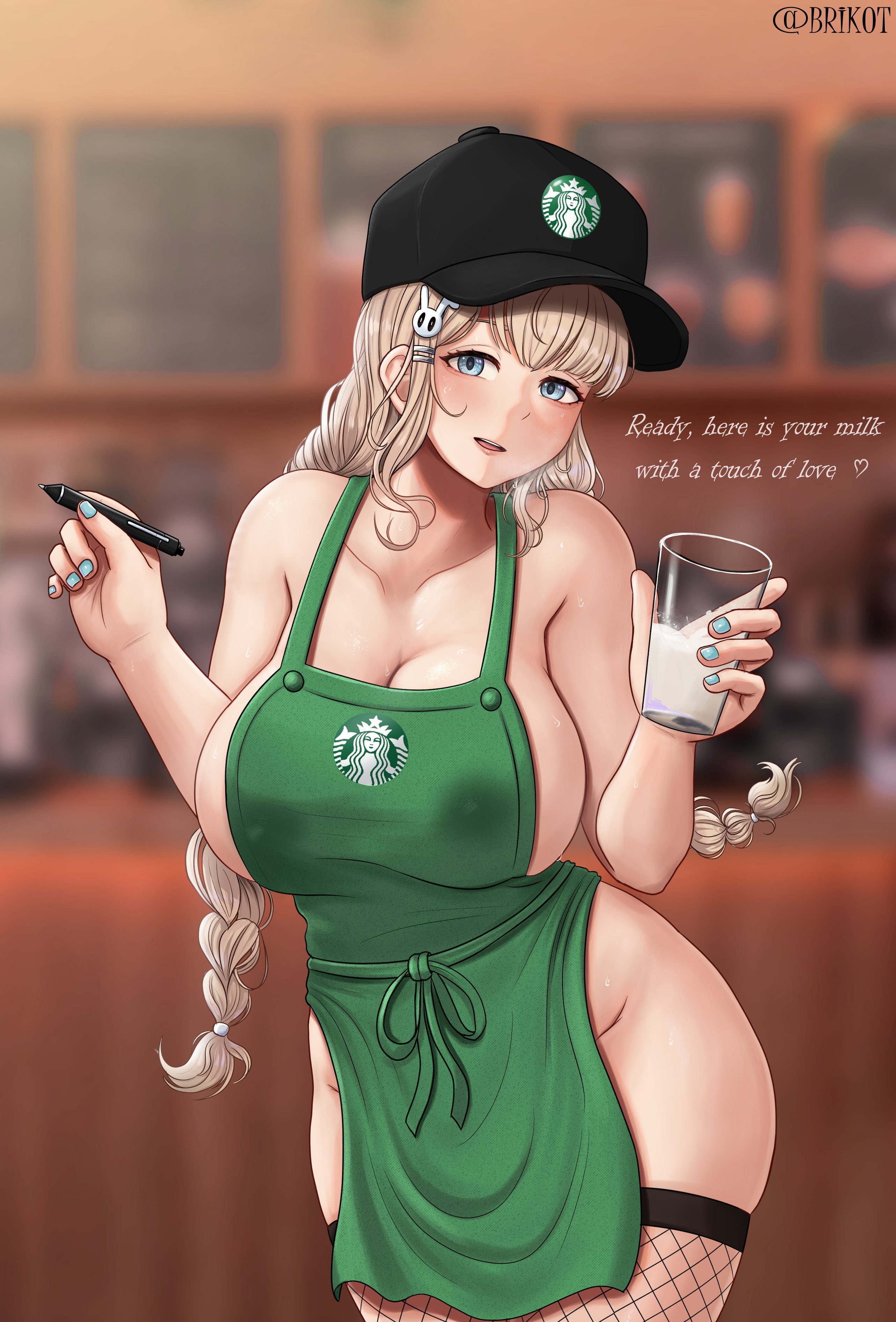 alternate version available, apron, blue nails, braid, breasts, brikot, erect nipples, erect nipples under clothes, female, fishnet stockings, huge breasts, iced latte with breast milk, lactating, lactation, lactation through clothes, looking at viewer, meme, nail polish, naked, naked apron, nipples, nipples bulge, puffy nipples, starbucks